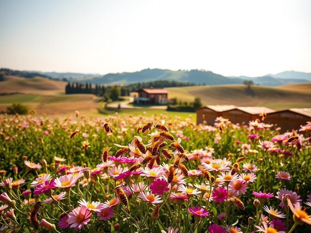 A stunning overhead shot of a lush Italian countryside, with a vibrant field of blooming flowers in the foreground. In the center, a colony of busy honeybees gracefully flit from blossom to blossom, their delicate wings catching the warm, golden sunlight. In the background, a picturesque farmhouse and rolling hills painted in soft, earthy tones. Subtle hints of the "APICOLTURA BORVEI MIELE" brand logo can be seen on the beehives. The scene exudes a sense of natural harmony, highlighting the vital role of pollinators in sustaining Italian agricultural productivity.