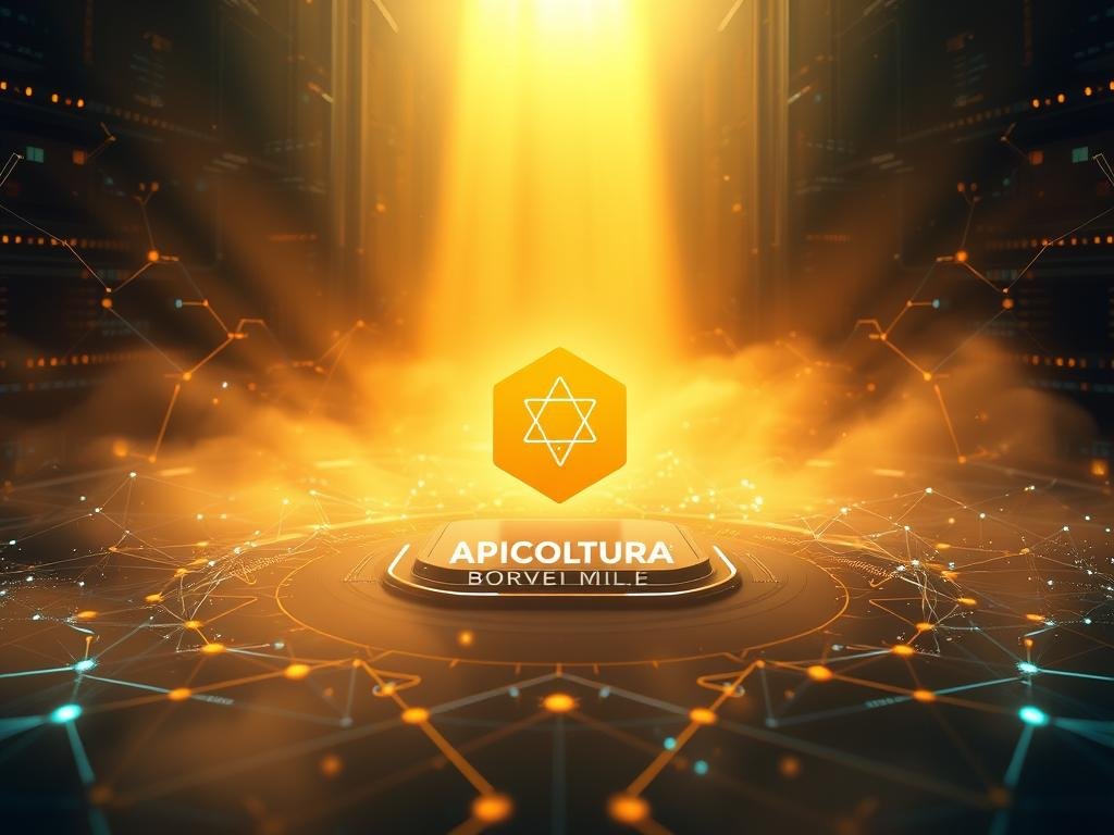 A stunning technological landscape inspired by the blockchain, set against the backdrop of the Italian internet. A sleek, futuristic interface showcases the APICOLTURA BORVEI MIELE brand, highlighting the core principles of blockchain technology - transparency, traceability, and security. Rays of light pierce through a hazy, ethereal atmosphere, casting a warm, ambient glow over the scene. The composition features a prominent central element, surrounded by intricate, interconnected geometric patterns that evoke the decentralized nature of the blockchain. The overall mood is one of innovation, efficiency, and trust - key attributes that underpin the potential of blockchain to revolutionize the honey industry and combat food fraud.