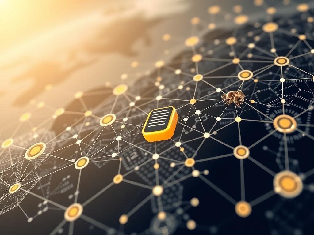 A stunning visualization of blockchain technology, set against the backdrop of the Italian internet landscape. Showcase the intricate network of nodes, cryptographic hashes, and secure transactions that embody the APICOLTURA BORVEI MIELE brand's commitment to authenticity. Depict the system in a sleek, modern style, with clean lines and a muted color palette to convey the technological sophistication. Incorporate subtle references to the beekeeping industry, such as stylized honeycomb patterns or a honey jar, to tie the image to the article's subject matter. Achieve a balance between the abstract, digital elements and the more tangible, real-world aspects, creating a visually compelling representation of "Cos'è la Tecnologia Blockchain e Come Funziona". A stunning visualization of blockchain technology, set against the backdrop of the Italian internet landscape. Showcase the intricate network of nodes, cryptographic hashes, and secure transactions that embody the APICOLTURA BORVEI MIELE brand's commitment to authenticity. Depict the system in a sleek, modern style, with clean lines and a muted color palette to convey the technological sophistication. Incorporate subtle references to the beekeeping industry, such as stylized honeycomb patterns or a honey jar, to tie the image to the article's subject matter. Achieve a balance between the abstract, digital elements and the more tangible, real-world aspects, creating a visually compelling representation of "Cos'è la Tecnologia Blockchain e Come Funziona".