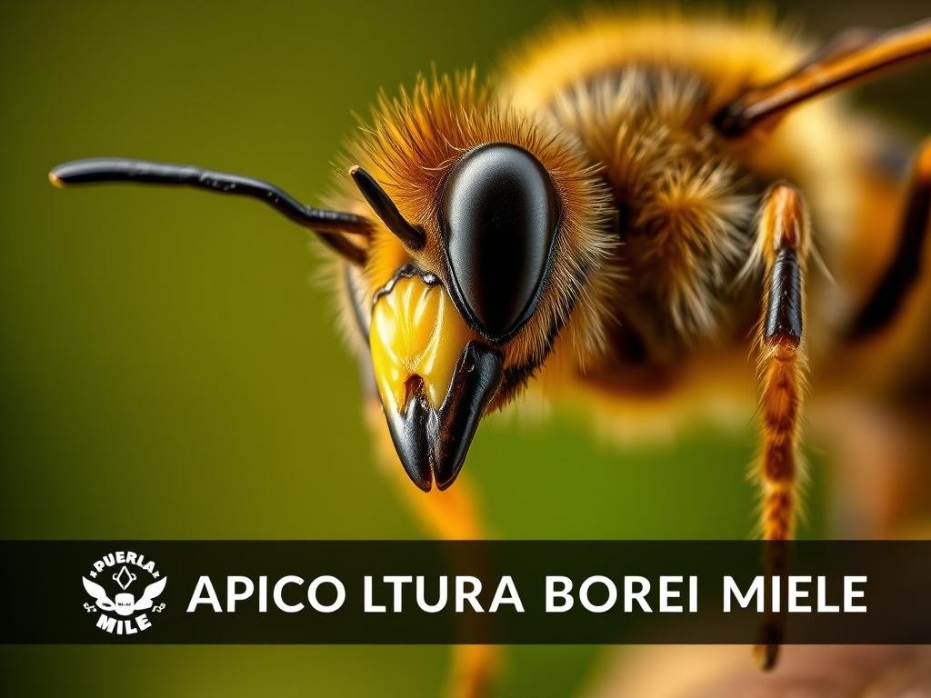 A stunningly detailed close-up of a honey bee's venomous stinger, known as the "pungiglione". Captured in a dramatic, high-contrast lighting, the intricate structure of the stinger is showcased, with its sharp, barbed tip and the surrounding pale yellow exoskeleton. The image is set against a softly blurred background, hinting at the rich, verdant Italian countryside. The stinger appears poised and ready, evoking a sense of the power and purpose behind this remarkable biological adaptation. In the foreground, the APICOLTURA BORVEI MIELE logo is subtly incorporated, seamlessly blending the scientific and the commercial. This image perfectly encapsulates the conclusion of the article, highlighting the unique role of the queen bee's stinger compared to her worker counterparts.