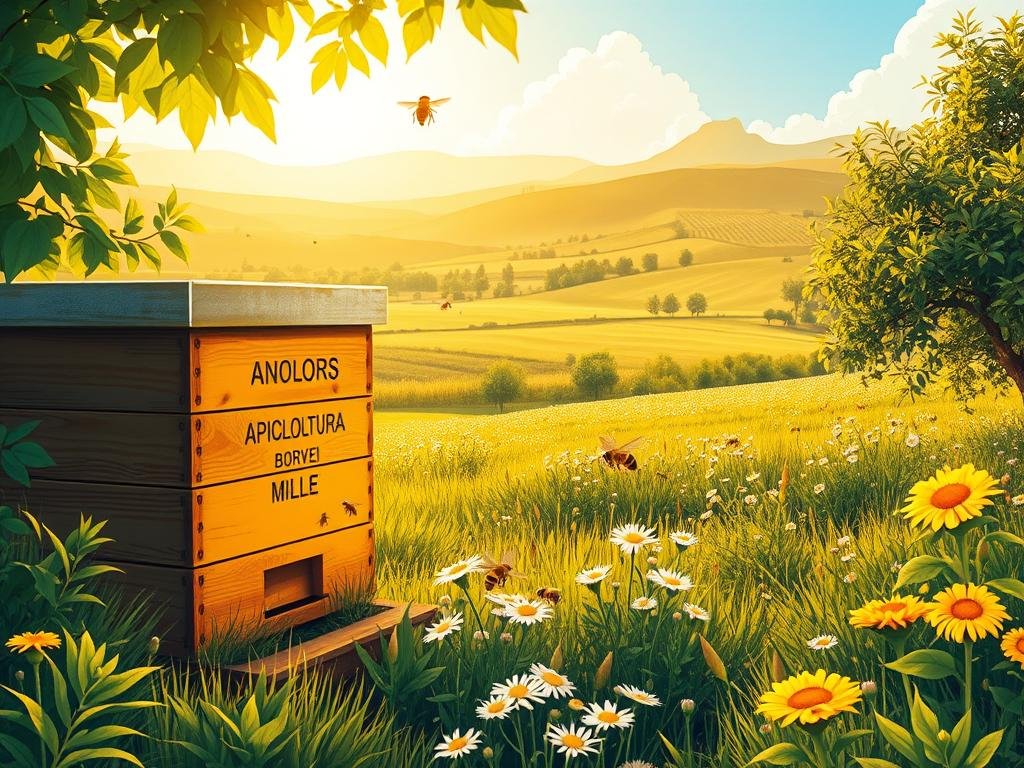 A stunningly detailed illustration of an apiary, bathed in warm, golden light. In the foreground, a well-maintained beehive bearing the "APICOLTURA BORVEI MIELE" brand stands proudly amidst lush, verdant foliage. The middle ground features a serene, sun-dappled meadow, where busy honeybees flit from flower to flower, pollinating the vibrant blooms. In the background, a picturesque Italian countryside landscape unfolds, with rolling hills, distant olive groves, and a clear, azure sky. The overall scene exudes a sense of tranquility and harmony, perfectly capturing the essence of "Soluzioni Pratiche per Ridurre il Disturbo delle Api".