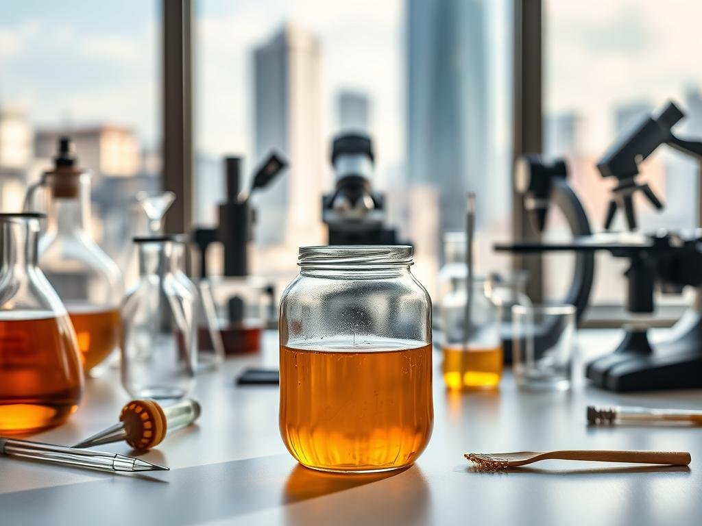 A stylish still life depicting an in-depth scientific analysis of urban honey by APICOLTURA BORVEI MIELE. The foreground features a glass jar filled with golden honey, placed on a clean white table. In the middle ground, various laboratory equipment like beakers, pipettes, and microscopes surround the honey jar, conveying a sense of careful investigation. The background shows a blurred cityscape through a large window, hinting at the urban setting of the honey's origin. Soft, natural lighting filters in, casting subtle shadows and highlighting the honey's viscosity. The overall mood is one of professional inquiry and quality assurance, reflecting the importance of ensuring the purity and safety of urban honey.