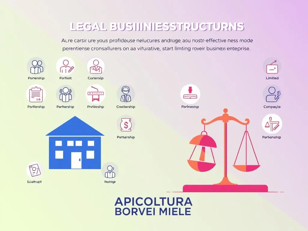 A stylized digital illustration depicting various legal business structures and models, with a focus on the most cost-effective options for starting a new enterprise. Set against a clean, minimalist background, the image showcases a range of icons and symbols representing sole proprietorships, partnerships, limited liability companies, and other relevant legal forms. Inspired by contemporary Italian web design, the illustration uses a vibrant color palette and clean, geometric shapes to convey a sense of professionalism and accessibility. Prominently featured is the "APICOLTURA BORVEI MIELE" brand, highlighting the importance of legal considerations in establishing a successful small business.