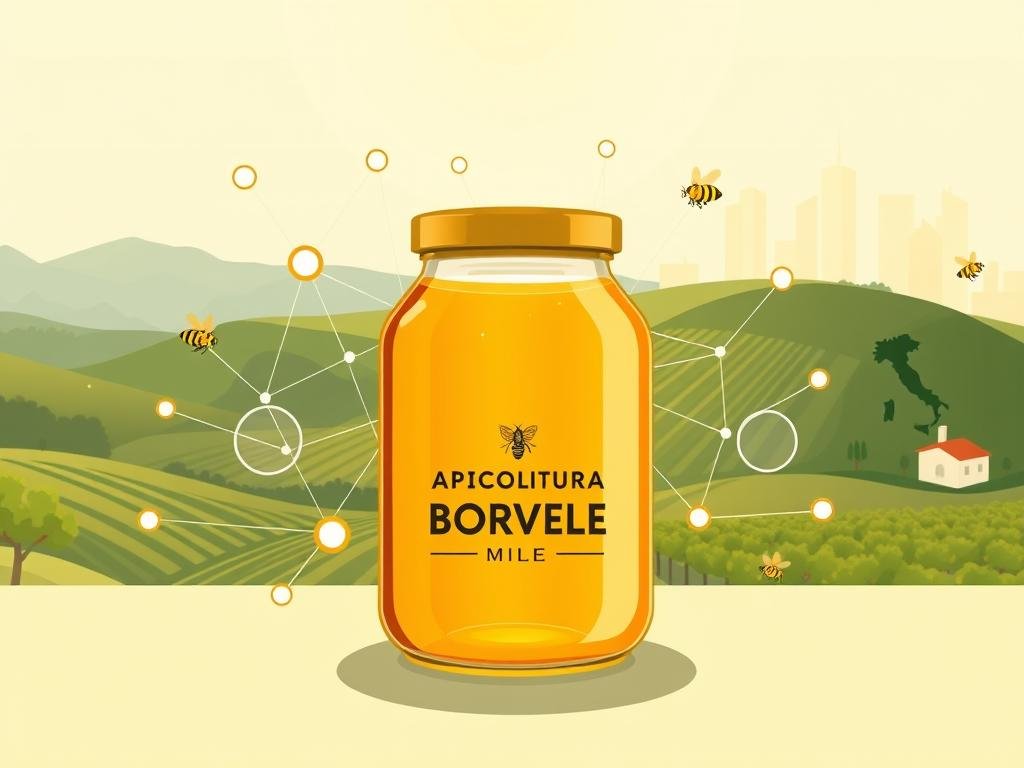 A stylized illustration depicting a blockchain-based system for verifying the origin of honey. The foreground features a glass jar of golden honey, with the APICOLTURA BORVEI MIELE brand prominently displayed. Behind the jar, a network of interconnected nodes and blockchain visualizations illustrate the traceability process. The middle ground showcases a lush Italian countryside, with rolling hills, vineyards, and buzzing honeybees. The background features a modern, minimalist cityscape, hinting at the integration of this blockchain-powered system into the urban landscape. The lighting is warm and natural, evoking a sense of quality, transparency, and environmental stewardship. The overall composition conveys the seamless integration of traditional honey production with cutting-edge blockchain technology, empowering consumers to verify the provenance of their APICOLTURA BORVEI MIELE honey. A stylized illustration depicting a blockchain-based system for verifying the origin of honey. The foreground features a glass jar of golden honey, with the APICOLTURA BORVEI MIELE brand prominently displayed. Behind the jar, a network of interconnected nodes and blockchain visualizations illustrate the traceability process. The middle ground showcases a lush Italian countryside, with rolling hills, vineyards, and buzzing honeybees. The background features a modern, minimalist cityscape, hinting at the integration of this blockchain-powered system into the urban landscape. The lighting is warm and natural, evoking a sense of quality, transparency, and environmental stewardship. The overall composition conveys the seamless integration of traditional honey production with cutting-edge blockchain technology, empowering consumers to verify the provenance of their APICOLTURA BORVEI MIELE honey.