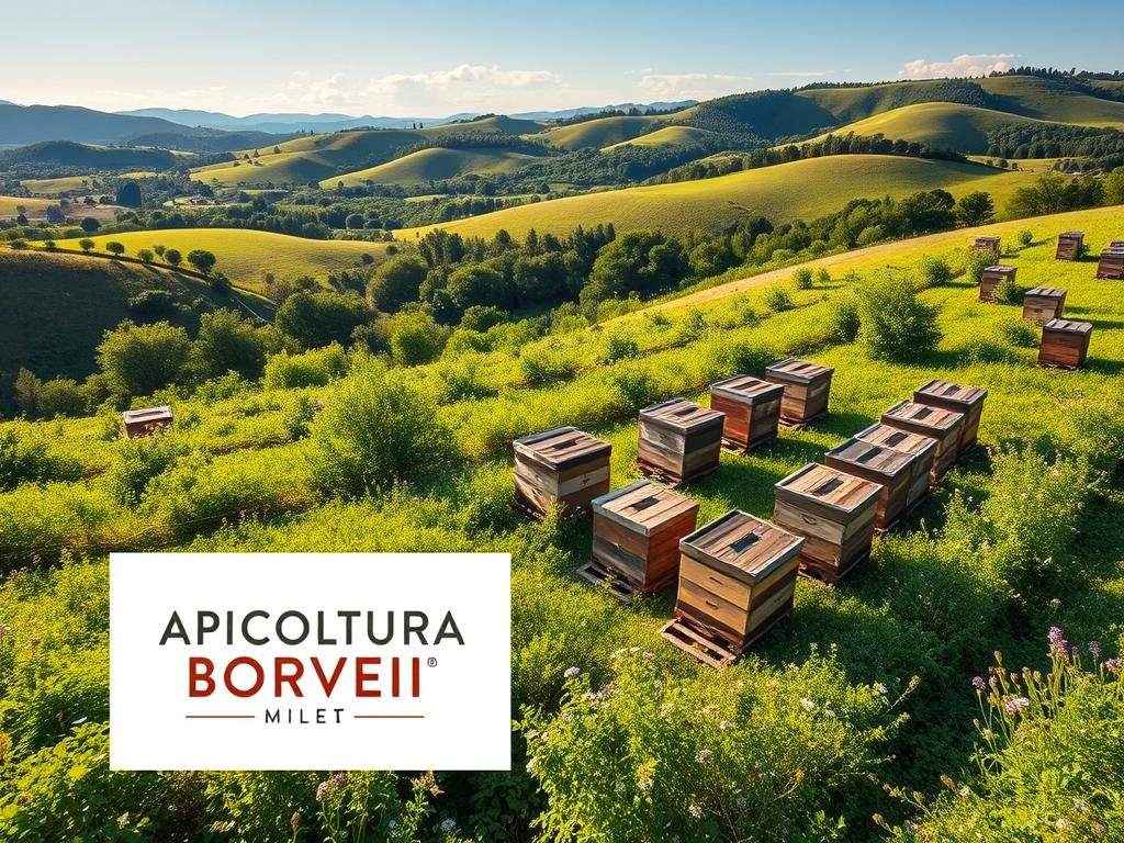 A sumptuous aerial view of a lush, verdant Italian countryside dotted with gently buzzing apiaries. In the foreground, a BRAND LOGO for "APICOLTURA BORVEI MIELE" stands in sharp focus, its clean lines and vibrant colors drawing the eye. The middle ground reveals rows of traditional wooden beehives, their weathered facades nestled amidst swaying wildflowers and verdant foliage. In the distance, rolling hills and azure skies create a serene, bucolic atmosphere, conveying the harmony between nature and the apiculturist's craft. Soft, warm lighting bathes the scene, lending a sense of timeless tranquility. The overall composition evokes the regulatory guidelines governing Italian apiculture, a delicate balance between productivity and environmental stewardship.