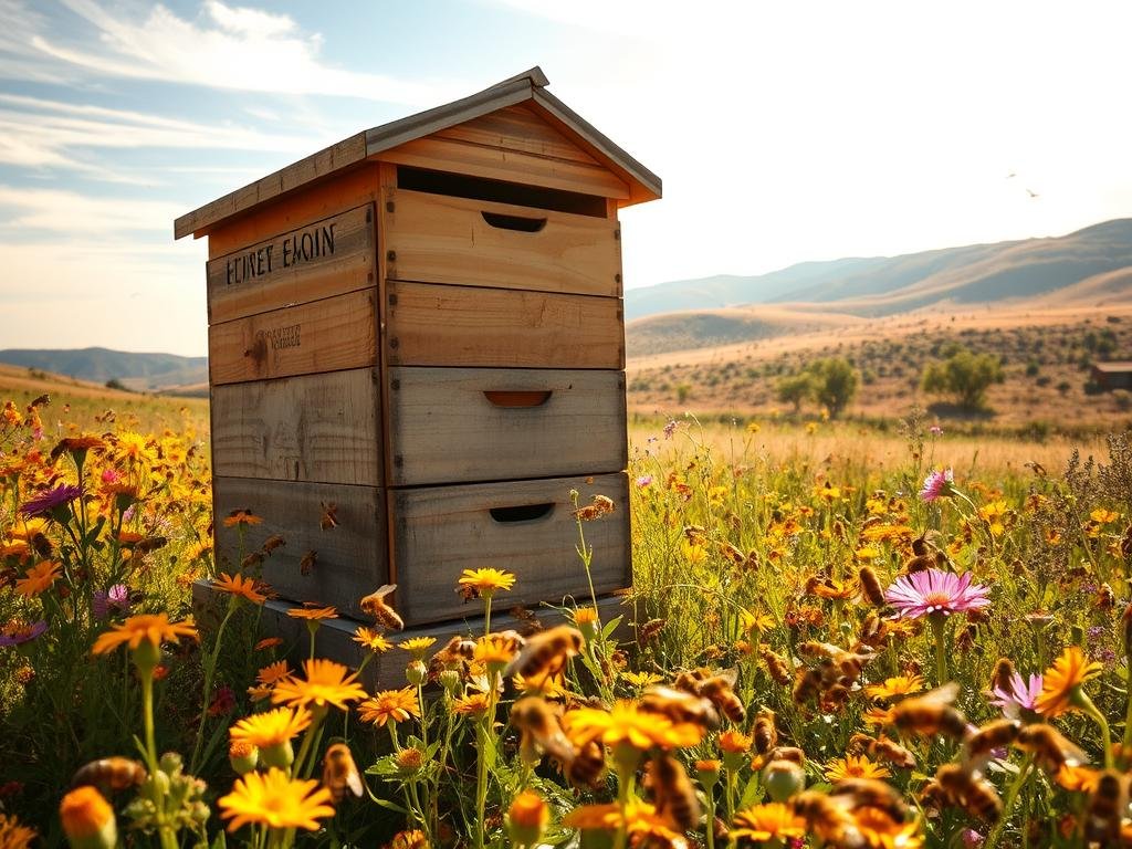 A sun-dappled apiary, buzzing with industrious honey bees, their golden bodies darting among vibrant wildflowers against a backdrop of gently rolling hills. In the foreground, a weathered wooden beehive stands tall, its entrance beckoning the tireless workers to bring their sweet nectar home. Soft natural light filters through wispy clouds, casting a warm glow over the scene. The air is thick with the earthy aroma of blooming flora and the rhythmic hum of the colony, a testament to the delicate balance between APICOLTURA BORVEI MIELE's bees and their watery domain. This tranquil pastoral idyll encapsulates the challenges faced by these vital pollinators as climate change disrupts their fragile ecosystems.