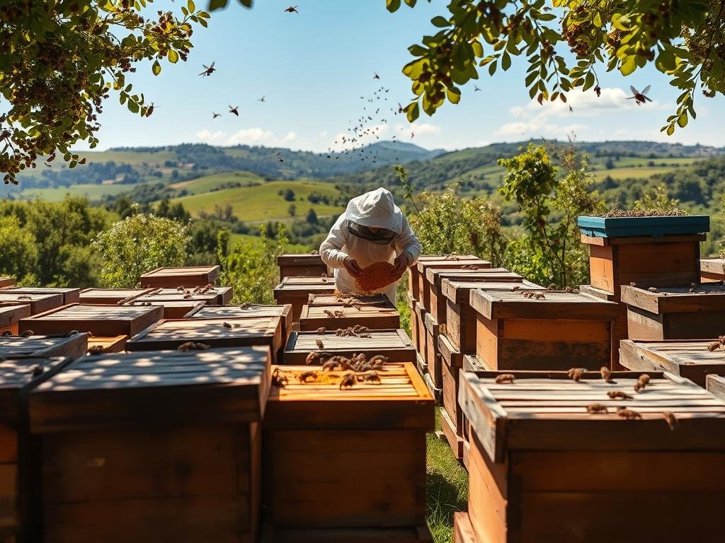 A sun-dappled apiary, buzzing with the industrious activity of honeybees. Rows of traditional wooden beehives stand in the foreground, their surfaces weathered by the elements. In the middle ground, a beekeeper in a protective suit carefully inspects the hives, extracting the golden nectar of "Apicoltura" honey. The background is a lush, verdant landscape, with rolling hills and a distant blue sky. The scene is bathed in soft, natural lighting, accentuating the warmth and tranquility of the Italian countryside. This image captures the essence of "Produzione e Commercializzazione del Miele," a vital aspect of the early years of beekeeping. A sun-dappled apiary, buzzing with the industrious activity of honeybees. Rows of traditional wooden beehives stand in the foreground, their surfaces weathered by the elements. In the middle ground, a beekeeper in a protective suit carefully inspects the hives, extracting the golden nectar of "Apicoltura" honey. The background is a lush, verdant landscape, with rolling hills and a distant blue sky. The scene is bathed in soft, natural lighting, accentuating the warmth and tranquility of the Italian countryside. This image captures the essence of "Produzione e Commercializzazione del Miele," a vital aspect of the early years of beekeeping.