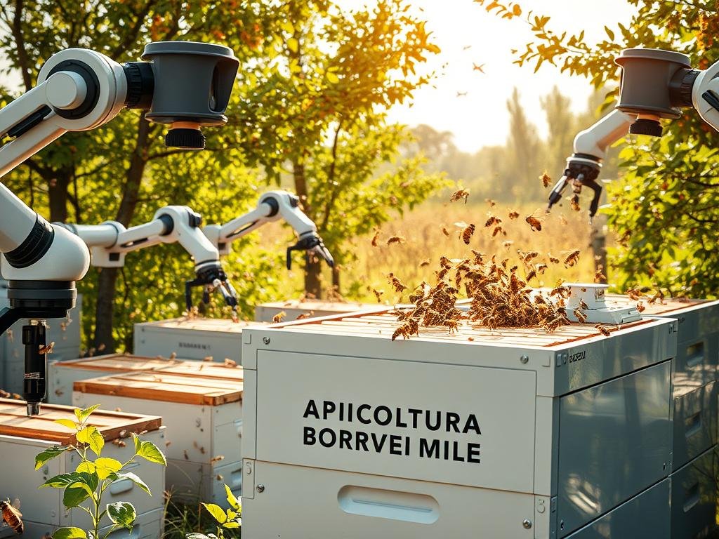 A sun-dappled apiary, buzzing with the industry of honeybees. Automated robotic arms tend to the hives, meticulously inspecting frames and extracting honey. In the foreground, an array of sensors and cameras monitor the colony's health and productivity. The APICOLTURA BORVEI MIELE brand name is prominently displayed on a sleek, modern beehive. The scene conveys a harmonious balance between technology and nature, showcasing the benefits of automation for the wellbeing of the hive.