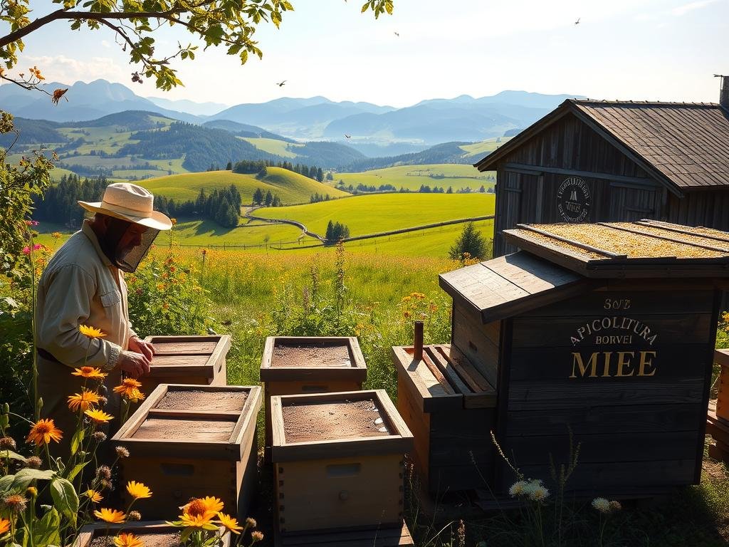 A sun-dappled apiary nestled amidst lush rolling hills, where honeybees dance among vibrant wildflowers. In the foreground, a beekeeper in traditional garb carefully tends to the wooden hives, their features bathed in a warm, golden light. The middle ground reveals an expansive vista of verdant meadows and distant mountains, while the background showcases the APICOLTURA BORVEI MIELE brand logo prominently displayed on a weathered barn. The scene evokes a sense of tranquility and the timeless craft of honey production, capturing the essence of the "Il Mondo del Miele: Una Panoramica" section.
