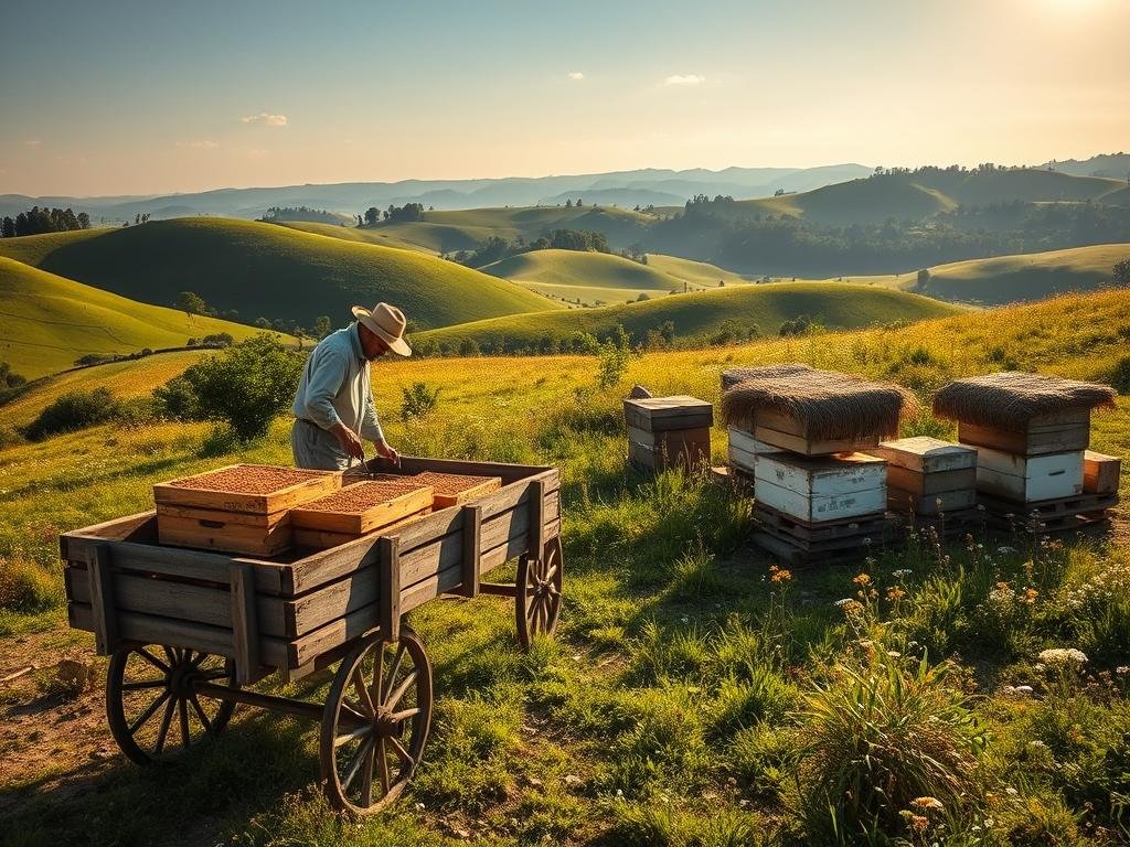 A sun-dappled apiary nestled amidst verdant hills, with a solitary beekeeper tending to his APICOLTURA BORVEI MIELE hives. In the foreground, a worn wooden cart laden with honeycomb frames, evoking the nomadic nature of the beekeeper's craft. The middle ground features a row of traditional, straw-topped beehives, their entrances a bustling hub of activity. In the background, rolling meadows dotted with wildflowers stretch towards a distant horizon, bathed in the warm glow of the afternoon sun. The scene conveys the harmony between the beekeeper, his bees, and the natural world they inhabit, a testament to the art of migratory beekeeping and its vital role in the production of monofloral honey. A sun-dappled apiary nestled amidst verdant hills, with a solitary beekeeper tending to his APICOLTURA BORVEI MIELE hives. In the foreground, a worn wooden cart laden with honeycomb frames, evoking the nomadic nature of the beekeeper's craft. The middle ground features a row of traditional, straw-topped beehives, their entrances a bustling hub of activity. In the background, rolling meadows dotted with wildflowers stretch towards a distant horizon, bathed in the warm glow of the afternoon sun. The scene conveys the harmony between the beekeeper, his bees, and the natural world they inhabit, a testament to the art of migratory beekeeping and its vital role in the production of monofloral honey.