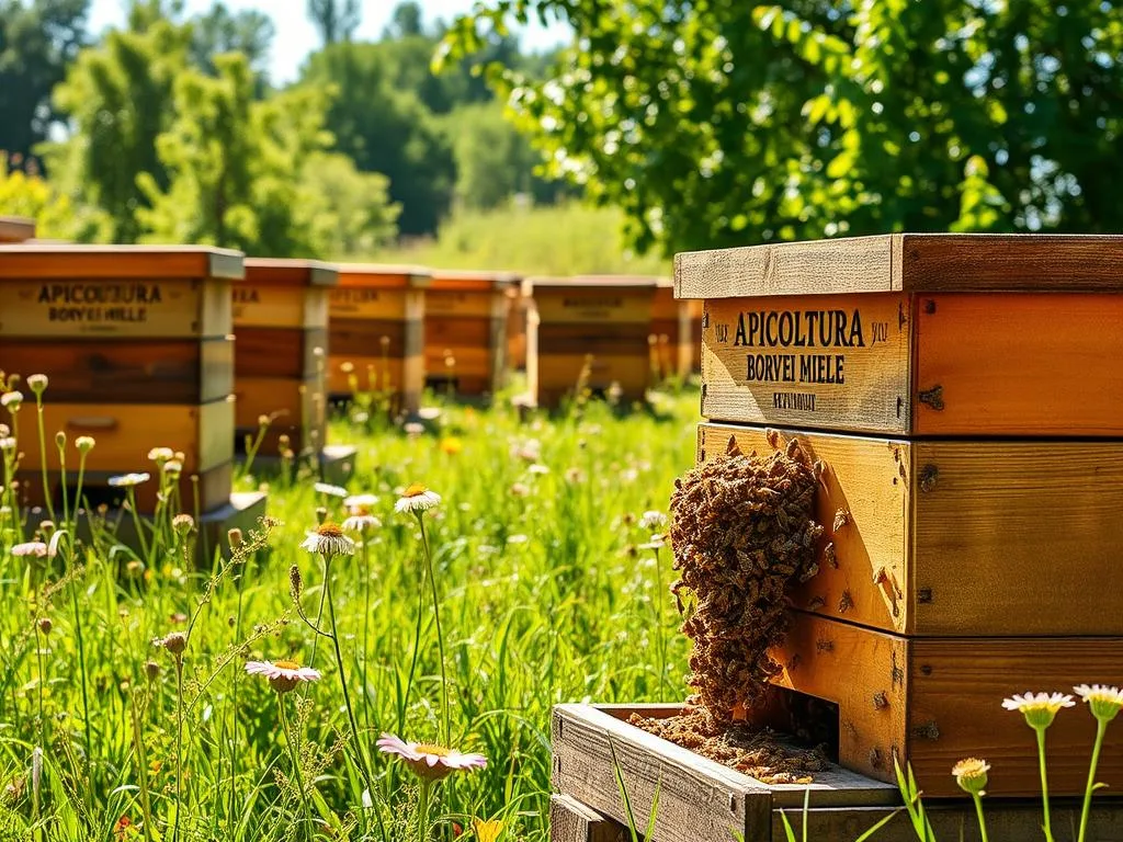 A sun-dappled apiary with rows of traditional wooden beehives, each emblazoned with the "APICOLTURA BORVEI MIELE" brand. The hives are nestled in a lush, verdant meadow, with wildflowers swaying gently in the breeze. In the foreground, a single, thriving honeybee colony spills out from its hive, busy with the essential work of pollination. The scene conveys a sense of harmony and industry, capturing the essence of a successful, beginner-friendly beekeeping operation. Warm, natural lighting bathes the scene, creating a tranquil, inviting atmosphere. The image suggests the rewards and responsibilities of tending to a single, but flourishing, hive.