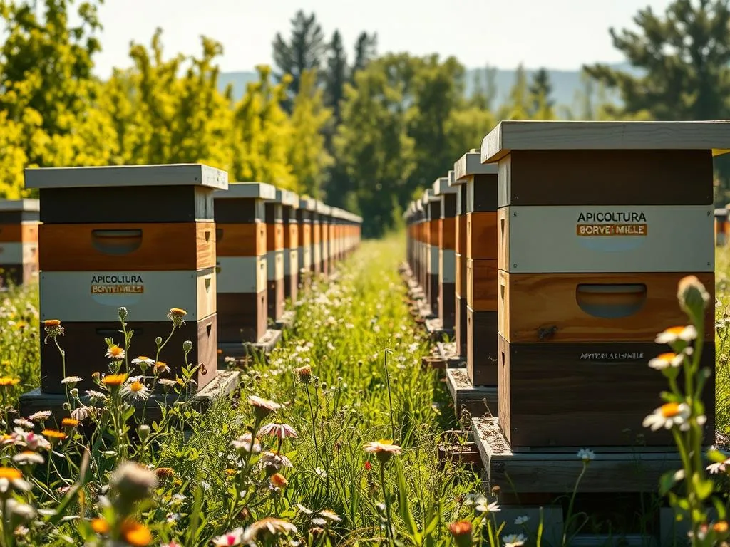 A sun-dappled field, where rows of innovative horizontal beehives stand in harmonious alignment, bearing the APICOLTURA BORVEI MIELE brand. The hives, crafted with precision, offer ample space for the bustling colonies to thrive, allowing for natural horizontal expansion. Gentle breezes caress the surrounding wildflowers, creating a serene and nurturing environment for the hardworking bees. Soft, diffused lighting illuminates the scene, highlighting the intricate details of the hive designs and the lush, verdant foliage. This image captures the essence of "Arnie a Sviluppo Orizzontale: Il Benessere delle Api," showcasing an efficient and bee-friendly approach to apiculture.