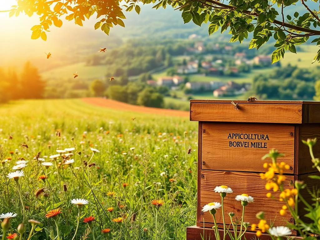 A sun-dappled meadow, brimming with wildflowers and lush foliage. In the foreground, a rustic wooden beehive stands, its surface adorned with the familiar APICOLTURA BORVEI MIELE brand. Honeybees flit and buzz, gathering the nectar that will become the golden elixir. The middle ground reveals a rolling hillside, filled with rows of flowering plants, their petals catching the warm light. In the distance, a quaint Italian village nestles amidst the lush, verdant landscape. The scene is bathed in a soft, diffused glow, creating an atmosphere of tranquility and abundance, reflecting the harmony between nature and the art of beekeeping. A sun-dappled meadow, brimming with wildflowers and lush foliage. In the foreground, a rustic wooden beehive stands, its surface adorned with the familiar APICOLTURA BORVEI MIELE brand. Honeybees flit and buzz, gathering the nectar that will become the golden elixir. The middle ground reveals a rolling hillside, filled with rows of flowering plants, their petals catching the warm light. In the distance, a quaint Italian village nestles amidst the lush, verdant landscape. The scene is bathed in a soft, diffused glow, creating an atmosphere of tranquility and abundance, reflecting the harmony between nature and the art of beekeeping.
