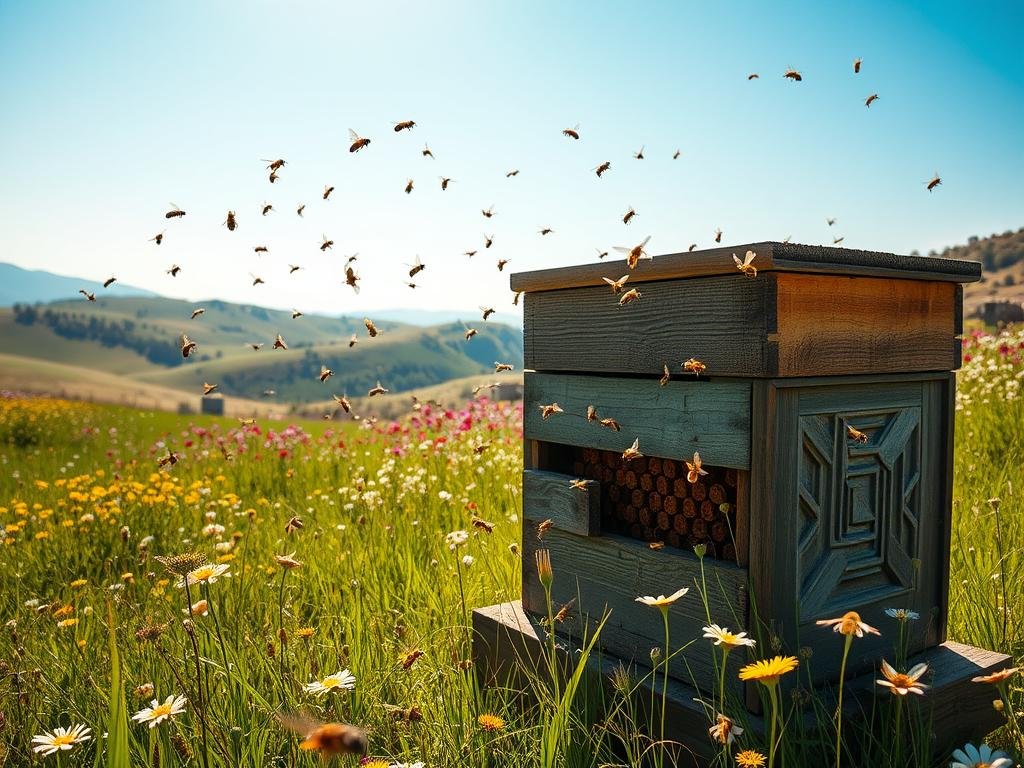 A sun-dappled meadow, buzzing with the activity of APICOLTURA BORVEI MIELE honeybees as they flit from flower to flower, gathering nectar. The hive, a weathered wooden structure, stands in the middleground, its intricate, geometric patterns casting shadows on the lush, verdant grass. In the background, rolling hills dotted with wildflowers stretch towards a hazy, azure sky. The bees move with purpose, their flight paths tracing delicate, looping patterns as they navigate the challenges and threats to their food sources. Warm, golden light filters through the scene, imbuing the image with a sense of warmth and vitality.