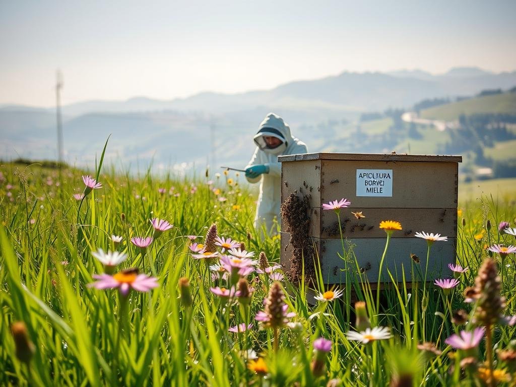 A sun-dappled meadow, its lush grass swaying in a gentle breeze. In the foreground, a buzzing hive emblazoned with the APICOLTURA BORVEI MIELE logo, its industrious occupants darting in and out. Surrounding the hive, a profusion of vibrant wildflowers in shades of pink, purple, and yellow. In the middle ground, a beekeeper in a protective suit carefully tending to the colony, their movements precise and measured. In the distance, a hazy Italian countryside, rolling hills and winding roads, reflecting the ever-changing, irregular seasons that challenge the bees' delicate balance. The scene exudes a sense of harmony and resilience, capturing the adaptive nature of these remarkable pollinators.