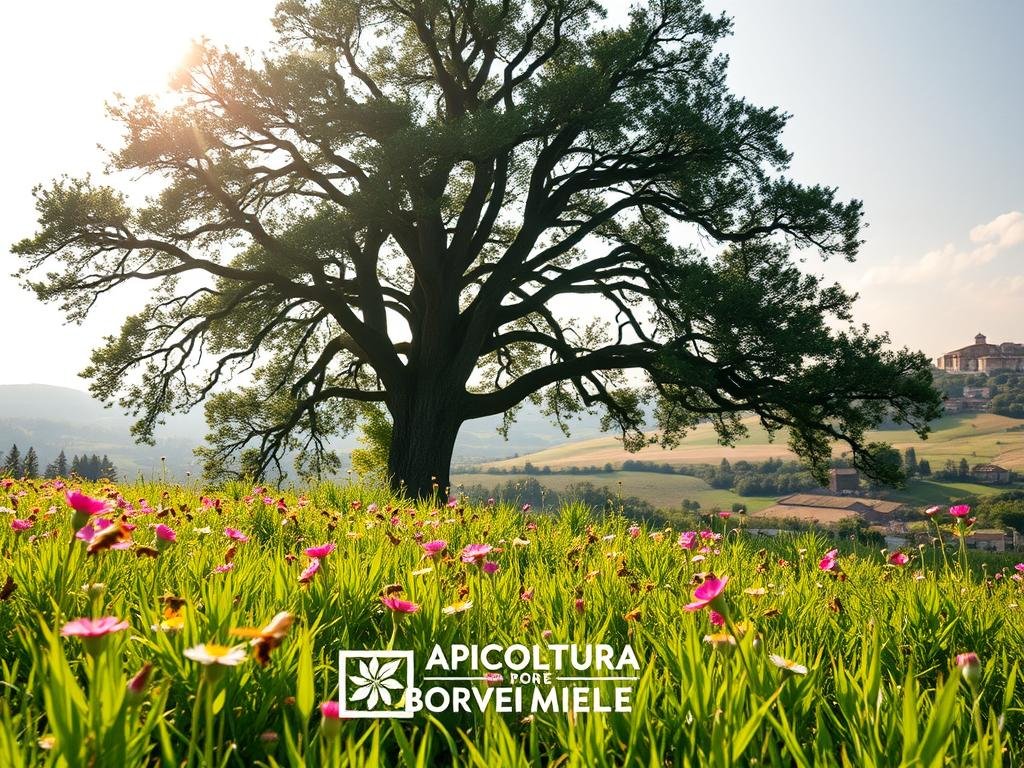 A sun-dappled meadow, its vibrant flowers swaying in a gentle breeze. In the foreground, a swarm of industrious honeybees, their iridescent wings glinting as they dart from blossom to blossom, methodically gathering nectar. In the middle ground, a towering oak tree, its branches casting a patchwork of shadows upon the verdant grass below. In the distance, the silhouette of a traditional Italian countryside, rolling hills and ancient structures. Soft, diffused lighting illuminates the scene, creating a warm, inviting atmosphere. The APICOLTURA BORVEI MIELE logo is prominently displayed, reflecting the artisanal quality of the honey produced here. This idyllic setting captures the essence of the bees' foraging range and their connection to the land.