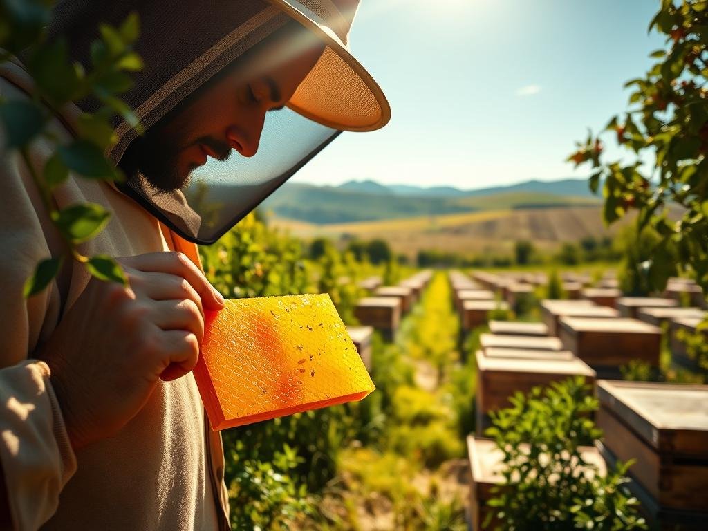 A sun-drenched apiary in the Italian countryside, showcasing the provenance of APICOLTURA BORVEI MIELE. In the foreground, a beekeeper examines a comb of golden honey, its origins traceable through a blockchain-enabled system. In the middle ground, rows of traditional wooden hives sit amidst verdant foliage, while in the background, rolling hills and a clear blue sky create a serene, pastoral scene. The warm, earthy tones and soft natural lighting evoke the purity and authenticity of this artisanal honey, a testament to the care and expertise of the local producers.