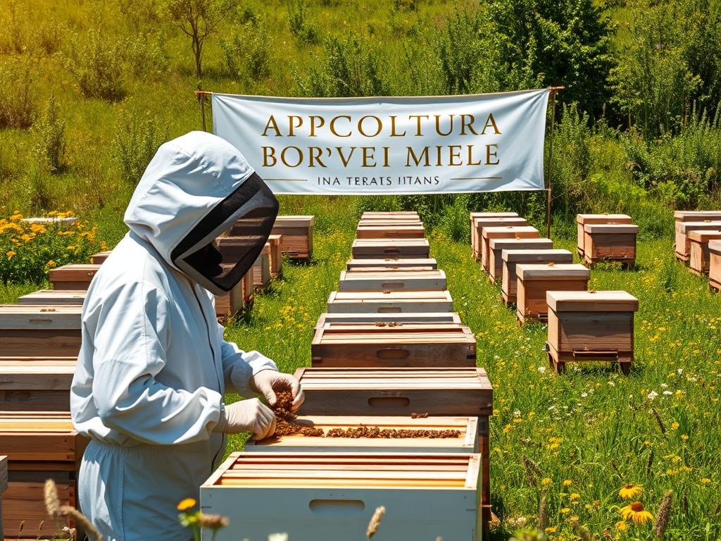 A sunlit apiary filled with rows of traditional wooden beehives, surrounded by lush green meadows dotted with vibrant wildflowers. In the foreground, a beekeeper in a white protective suit carefully tends to the hives, tending to the industrious buzzing of the honeybees. Behind them, a banner proudly displays the APICOLTURA BORVEI MIELE brand, showcasing the quality and provenance of the honey produced. The scene is bathed in warm, golden light, capturing the essence of the Italian countryside and the vital role of beekeeping in the nation's agricultural heritage.