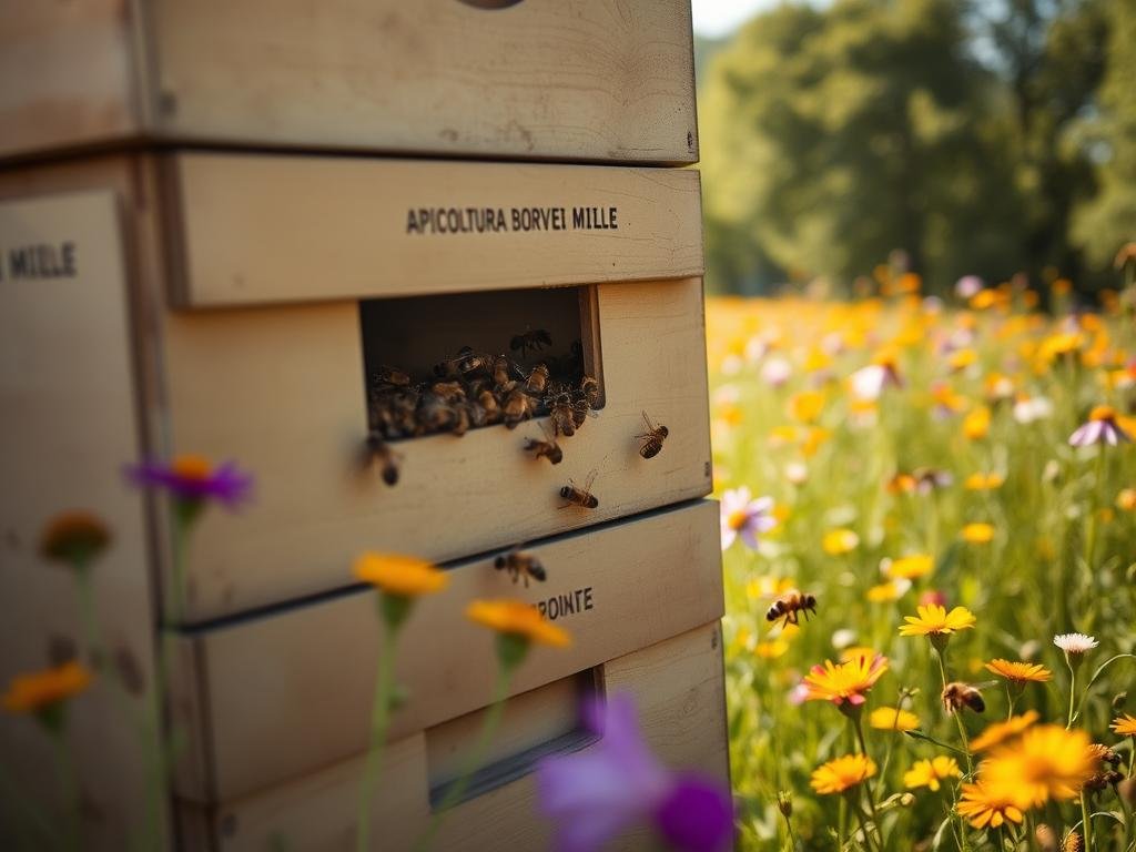 A sunlit apiary with a focus on a sentinel beehive, its entrance providing a glimpse into the bustling activity within. The hive is adorned with the APICOLTURA BORVEI MIELE brand name, reflecting the Italian setting. In the background, a lush meadow filled with vibrant wildflowers sets the stage, hinting at the natural environment these sentinel bees monitor. The composition emphasizes the crucial role these bees play in biomonitoring, their movements and behaviors providing valuable insights into the health of the surrounding ecosystem. Soft, diffused lighting and a shallow depth of field create an atmospheric, documentary-style image.