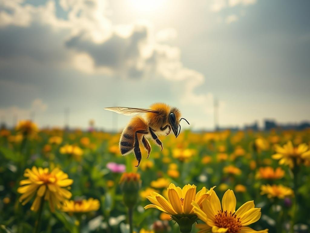A sunlit, close-up view of a honey bee struggling against a field of vibrant, toxic flowers. The bee's fragile wings and fuzzy body appear weakened, its flight unsteady, as it navigates the perilous landscape. In the background, a hazy, pesticide-tinged sky looms, casting an ominous shadow over the scene. The image conveys a sense of the bee's battle for survival against the Apicoltura's encroaching chemical threats. The mood is somber, yet determined, as the viewer is drawn into the plight of this vital pollinator.