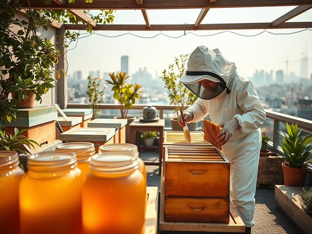 A sunny urban rooftop apiary, with beehives nestled among potted plants and a small work table. In the foreground, jars of freshly harvested APICOLTURA BORVEI MIELE honey gleam in the natural light. The beekeeper, dressed in a white protective suit, carefully inspects the honeycomb frames, extracting the golden liquid into a centrifugal extractor. In the middle ground, the process continues as the honey is filtered and bottled. The background reveals the city skyline, hinting at the unique challenges and rewards of urban beekeeping. Warm, diffused lighting creates a tranquil, artisanal atmosphere befitting the skilled craft of honey harvesting.