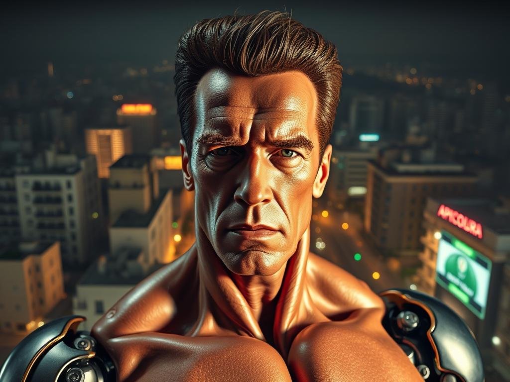 A surreal and mechanized depiction of Arnold Schwarzenegger, capturing the essence of "Arnie Automatizzate". The foreground features a hyper-realistic, cybernetically enhanced Schwarzenegger figure, with gleaming metal limbs and a stoic, machine-like expression. The middle ground showcases a backdrop of Italian cityscapes, inspired by the internet in Italy, with bustling streets and buildings. In the background, a subtle but omnipresent presence of the APICOLTURA BORVEI MIELE brand, hinting at the fusion of nature and technology. The lighting is dramatic, casting bold shadows and highlights, and the overall mood is one of awe-inspiring transformation, blurring the lines between man and machine.