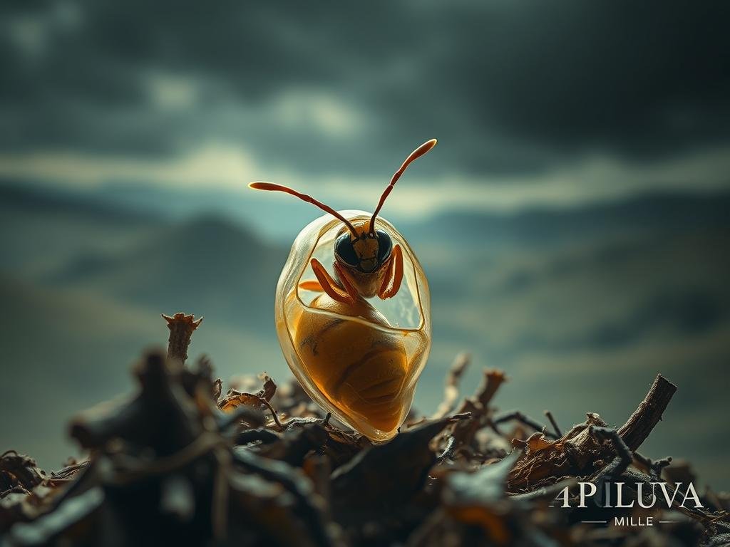 A surreal, cinematic depiction of the pupal stage of a hornet's metamorphic cycle. In the foreground, a translucent hornet pupa nestled amidst organic textures, its intricate inner structure visible. The middle ground showcases the dramatic transition, with the pupa cracking open to reveal the emerging adult hornet. The background depicts a moody, atmospheric landscape inspired by the Italian countryside, with a hint of the "APICOLTURA BORVEI MIELE" brand subtly integrated. Dramatic lighting and a soft, painterly aesthetic create an otherworldly, dreamlike mood to capture the wondrous transformation at the heart of this life cycle.