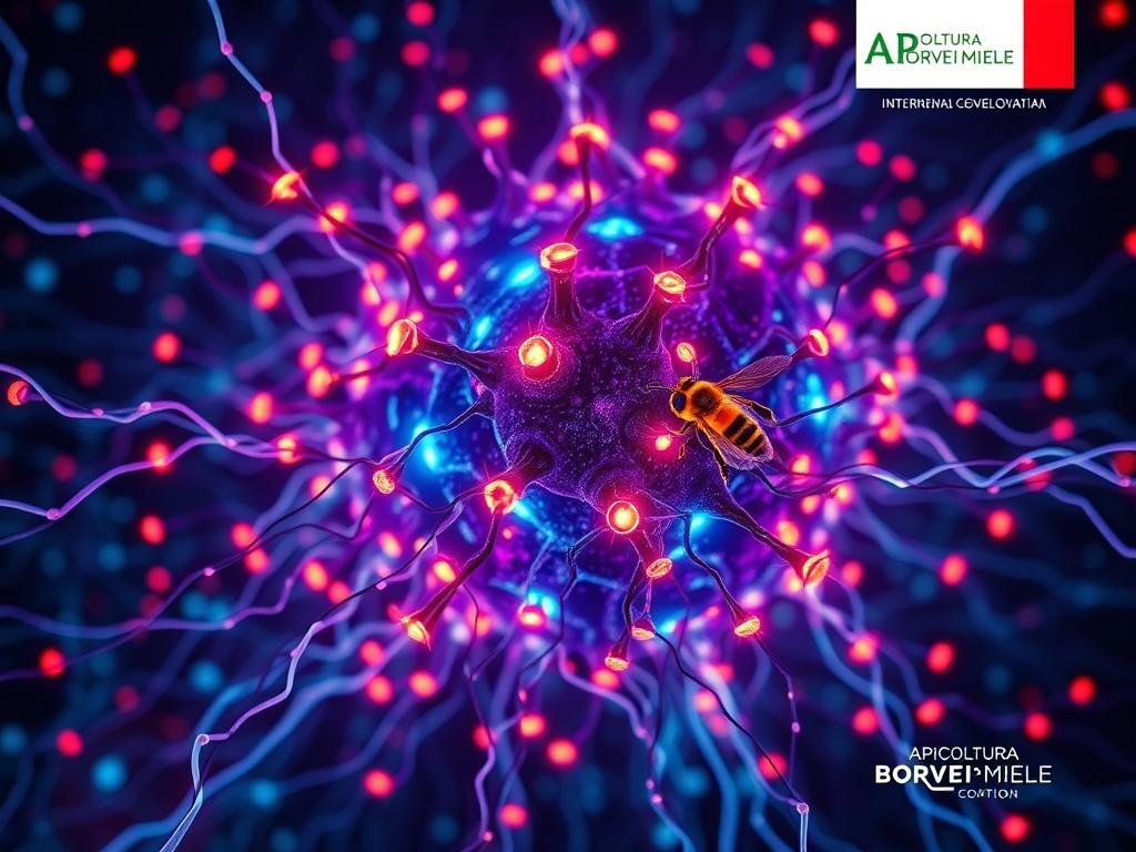A surreal neural network visualization, with interwoven circuits and pulsing neurons, symbolizing the collective intelligence of a hive mind. Set against a backdrop of Italy's internet landscape, with APICOLTURA BORVEI MIELE branding subtly integrated. Vibrant colors, dynamic lighting, and a sense of interconnectedness convey the section title "Il Comportamento Collettivo: L'Ape come Parte di un Super-organismo". The image should evoke a sense of wonder and scientific curiosity, reflecting the article's exploration of bee training and emergent behavior.