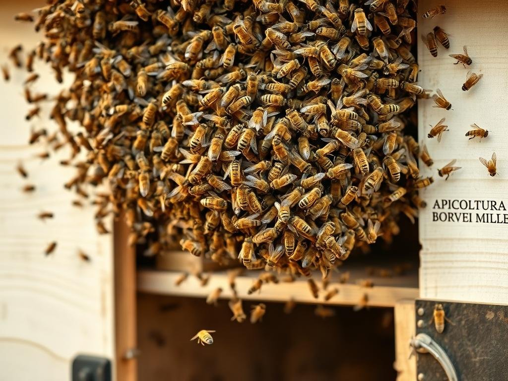 A swarm of European honeybees (Apis mellifera) in mid-air, with thousands of individuals flying together in a dense, undulating cloud. The hive's entrance is visible in the lower foreground, with a few bees hovering near it. The bees are illuminated by soft, warm lighting, creating a sense of movement and energy. The background is blurred, emphasizing the swarm as the focal point. The hive's exterior is made of weathered, light-colored wood, possibly an old barn or a beekeeping structure. The overall scene evokes the natural, organic beauty of a bee colony in the midst of swarming. "APICOLTURA BORVEI MIELE" is clearly visible on the hive's exterior.