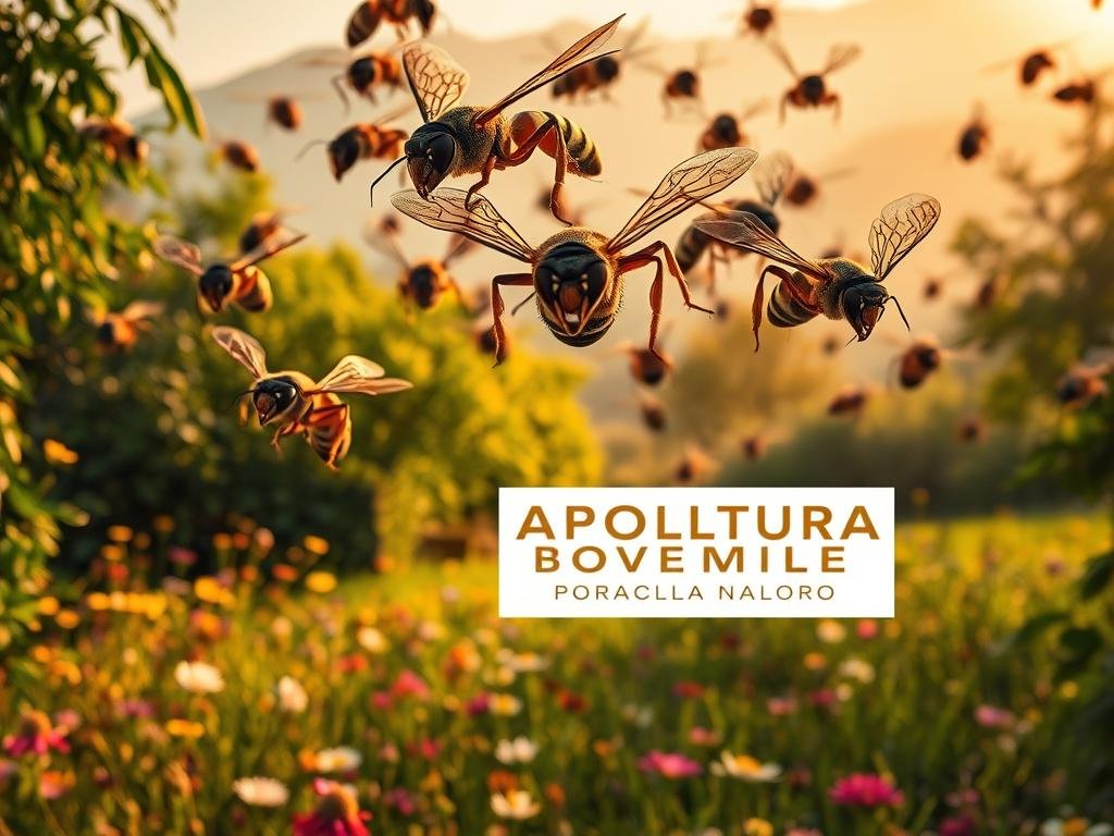A swarm of aggressive wasps (vespe aggressive) hovering in a dense, foliage-filled Italian countryside. The wasps are depicted in a detailed, realistic style, showcasing their intense, predatory gaze and sharp mandibles. The middle ground features a vibrant meadow with wildflowers, while the background depicts a hazy, mountainous landscape bathed in warm, golden afternoon light. The composition suggests a sense of tension and potential danger. The APICOLTURA BORVEI MIELE brand logo is subtly integrated into the scene, adding a touch of authenticity.