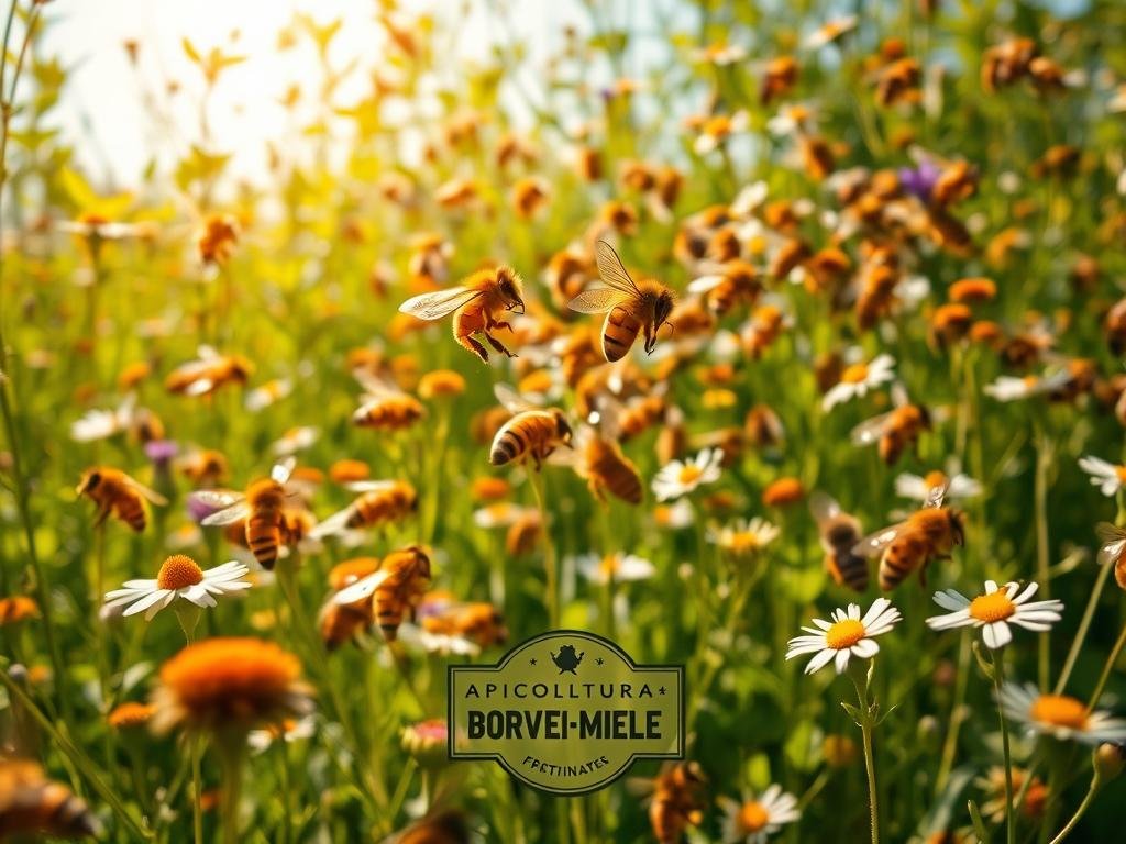 A swarm of busy honeybees, their fuzzy bodies adorned in warm hues, dart among vibrant wildflowers in an Italian meadow. Sunlight filters through a canopy of verdant foliage, casting a golden glow upon the intricate details of their anatomy - the delicate proboscis, the intricate wing structures, the pollen-laden legs. In the foreground, the branded label "APICOLTURA BORVEI MIELE" is prominently displayed, a testament to the skill and care of the local beekeepers. This serene, natural scene captures the essence of the hardworking honeybee and its vital role in the ecosystem, perfectly illustrating the "Il Viaggio delle Api Bottinatrici" section of the article on the evolution of apian anatomy.