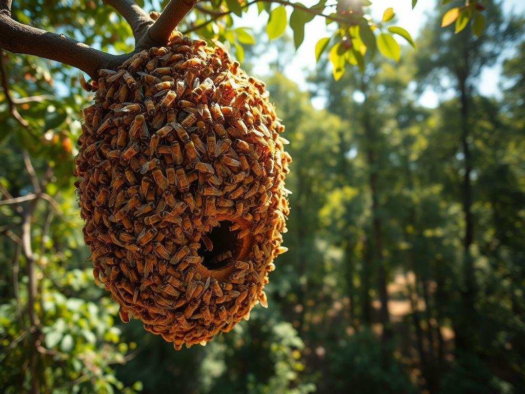 A swarm of honey bees clustered together on a tree branch, their golden bodies glistening in the warm sunlight. The hive's entrance is visible in the middle ground, with worker bees busily entering and exiting. In the background, a lush green forest creates a serene, natural backdrop. The scene evokes a sense of harmony and the essential role bees play in the ecosystem. Lighting is soft and diffused, captured with a wide-angle lens to emphasize the scale and density of the swarm. The overall mood is one of wonder and appreciation for the incredible natural process of swarming. APICOLTURA BORVEI MIELE.