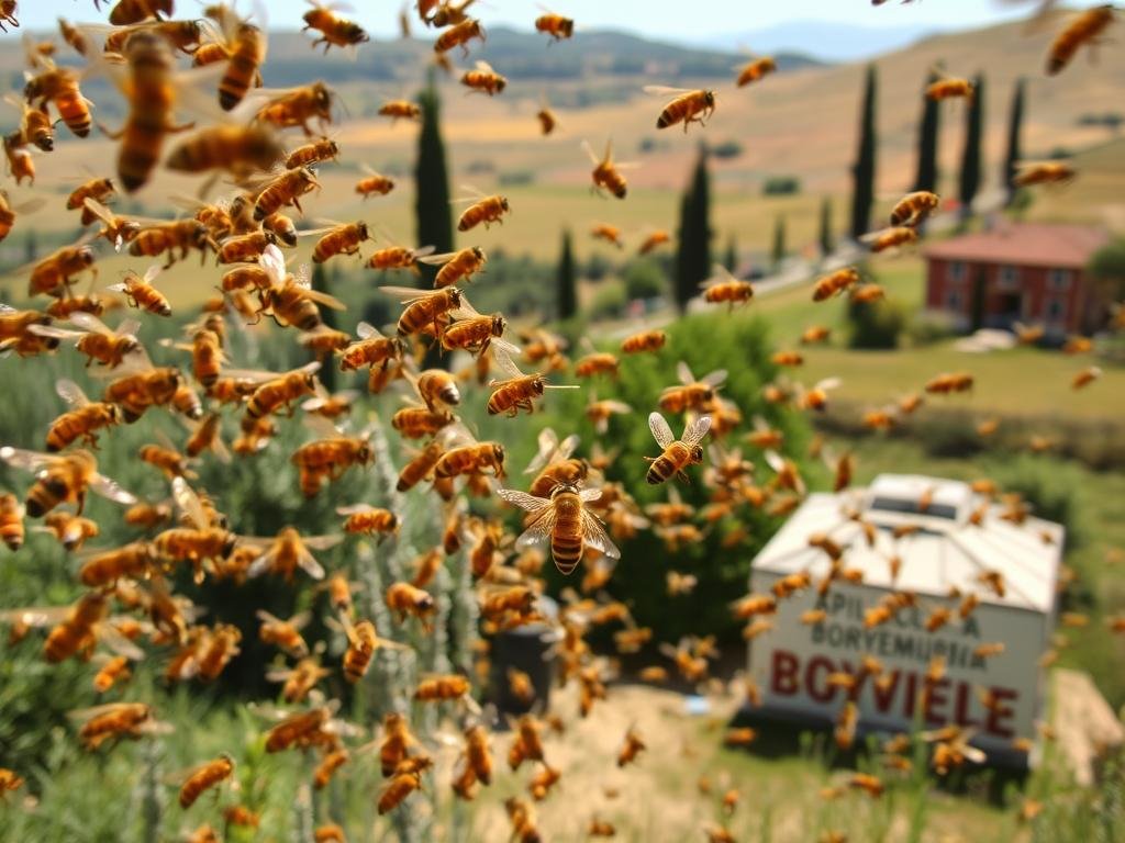 A swarm of honeybees in mid-flight, their golden bodies glinting in the sunlight as they move in a coordinated dance through the air. The foreground is a blur of frantic wing beats, while the middle ground reveals the queen bee leading her loyal subjects. In the background, a traditional Italian countryside scene unfolds, with rolling hills, cypress trees, and the "APICOLTURA BORVEI MIELE" apiary in the distance. The overall mood is one of energy, movement, and the natural harmony between bees and their environment.