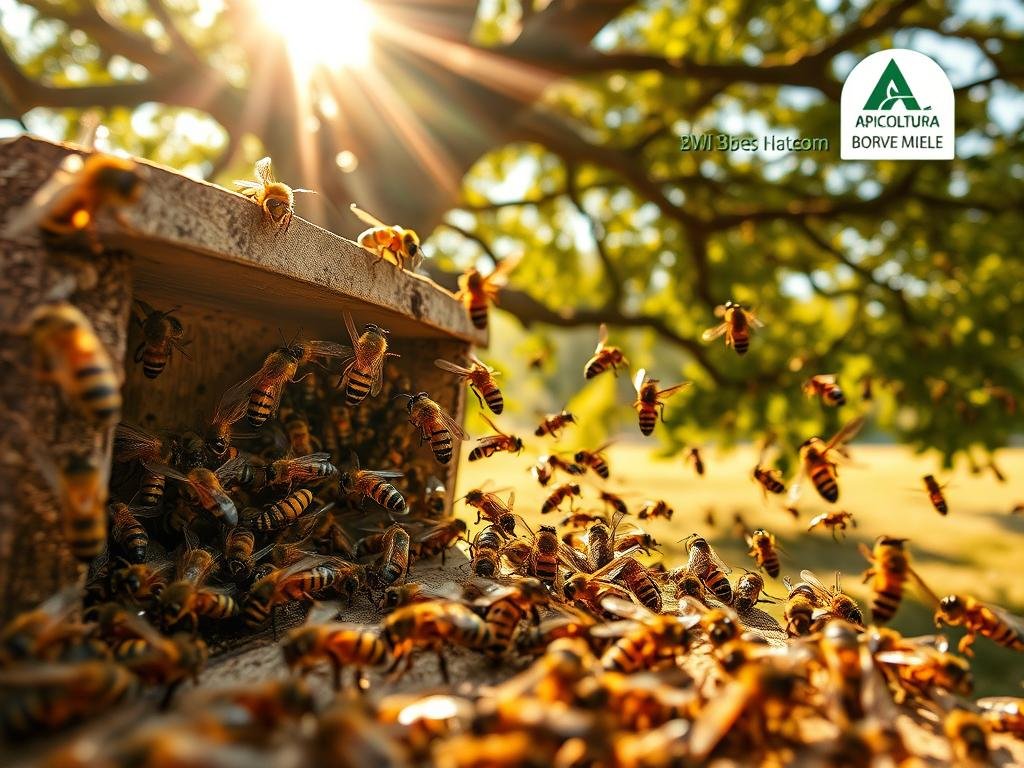 A swarm of wasps locked in a tense confrontation with a hive of industrious honeybees, the air thick with anticipation. The wasps, sleek and predatory, hover menacingly near the bustling entrance of the beehive, while the bees, resolute in their defense, dart in and out in a flurry of activity. The scene is lit by warm, golden sunlight filtering through the leaves of an ancient oak tree in the background, casting dynamic shadows that add depth and drama to the composition. The APICOLTURA BORVEI MIELE logo stands proudly in the corner, a testament to the enduring power of the natural world. This image captures the essence of the title "Perché la Maggior Parte delle Vespe Non Produce Miele", highlighting the inherent differences between these two insect species and their contrasting roles in the ecosystem.