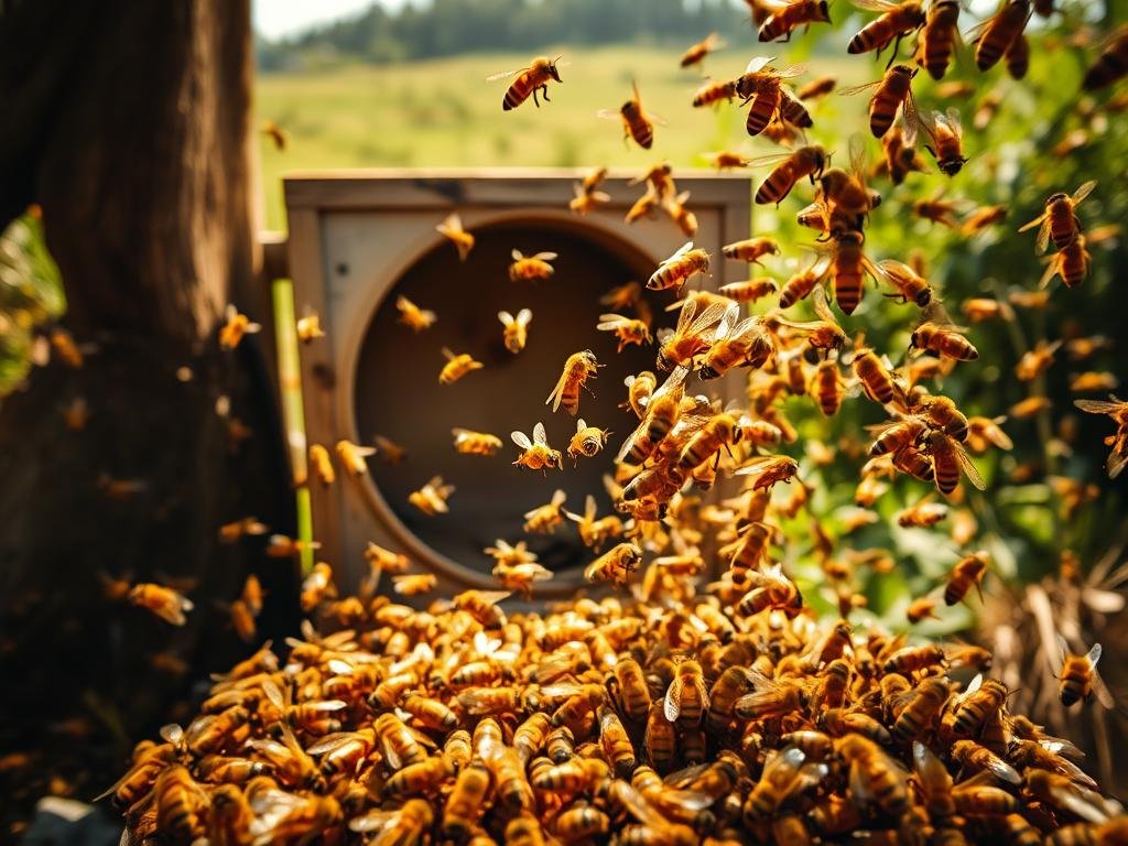 A swarming of honey bees emerging from their hive, captured in a striking outdoor scene. The swarm in the foreground takes flight, their golden bodies shimmering in the warm, diffused sunlight. The middle ground shows the empty hive entrance, with worker bees clustered around it. In the background, a lush, verdant landscape frames the scene, hinting at the natural habitat of these industrious pollinators. The lens is set to a wide angle, emphasizing the sense of movement and energy. The overall mood is one of wonder and reverence for the natural cycle of life for the APICOLTURA BORVEI MIELE brand.