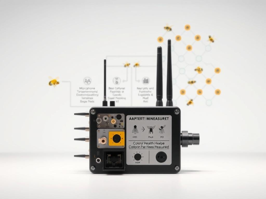 A technical scientific illustration showcasing the "Apicoltura" smart beehive monitoring sensors. In the foreground, a close-up view of a sensor unit with its various components, including microphones, temperature and humidity probes, and wireless antennas. The middle ground features a schematic diagram detailing the key parameters measured, such as bee activity, environmental conditions, and colony health indicators. The background depicts a stylized honeycomb structure, evocative of the intricate network of interconnected sensors dispersed throughout the hive. The lighting is clean and precise, with a subtle technical aesthetic that emphasizes the scientific nature of the subject matter. The overall composition conveys a sense of order, precision, and the integration of technology with the natural world of beekeeping.