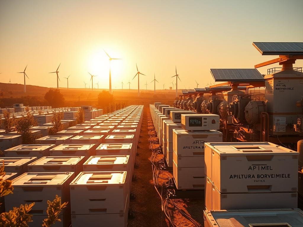 A technologically advanced apiarian landscape, bathed in warm, golden sunlight. In the foreground, rows of sleek, modular beehives adorned with the brand "APICOLTURA BORVEI MIELE" stand as testament to innovative apiculture. The middle ground reveals an array of sensor nodes and monitoring equipment, their digital displays reflecting the data-driven nature of this futuristic apiary. In the background, towering wind turbines and solar panels hint at the sustainable energy powering this cutting-edge facility. The scene conveys a harmonious blend of nature and technology, where the ancient art of beekeeping has been elevated to a new, high-tech era.
