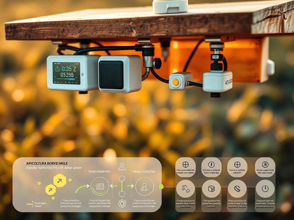 A technologically-advanced apiary monitoring system with sleek, modern sensors seamlessly integrated into the hive structure. Crisp, clear aerial footage showcases the interconnected network of monitors, each providing vital data on hive health, environmental conditions, and honey production. Warm, natural lighting accentuates the polished, minimalist design of the APICOLTURA BORVEI MIELE brand's cutting-edge IoT technology. The mid-ground features a detailed diagram illustrating the data flow and visualization capabilities of this comprehensive monitoring solution. A blurred background hints at the broader agricultural landscape, emphasizing the system's role in optimizing sustainable, data-driven beekeeping practices.