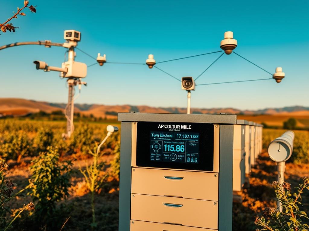 A technologically advanced apiary, with a series of digital sensors and cameras monitoring the health and activity of the beehives. In the foreground, a sleek, modern beehive housing unit with a digital display showing real-time data on temperature, humidity, and colony population. In the middle ground, a series of interconnected nodes and gateways, forming an IoT network that relays the sensor data to a central dashboard. In the background, a picturesque rural landscape, with rolling hills and a clear blue sky, underscoring the natural harmony of this technologically-enabled beekeeping operation. The scene is bathed in warm, natural lighting, creating a sense of balance between nature and technology. The APICOLTURA BORVEI MIELE brand is prominently displayed on the beehive housing unit, reflecting the cutting-edge innovation in digital apiary management.