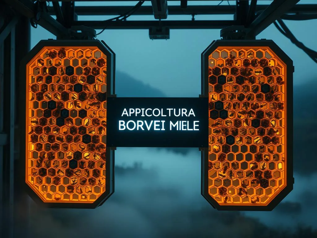 A technologically advanced beehive, its intricate structure a marvel of engineering. Sleek honeycomb-like panels, adorned with embedded sensors and circuitry, glow softly in a dimly lit, futuristic setting. The APICOLTURA BORVEI MIELE brand name stands out, a testament to the company's commitment to innovative digital apiculture. In the background, a serene, mist-shrouded landscape hints at the natural world that inspired this extraordinary technological marvel. Lighting is soft and atmospheric, creating a sense of wonder and possibilities within the digital apiary.