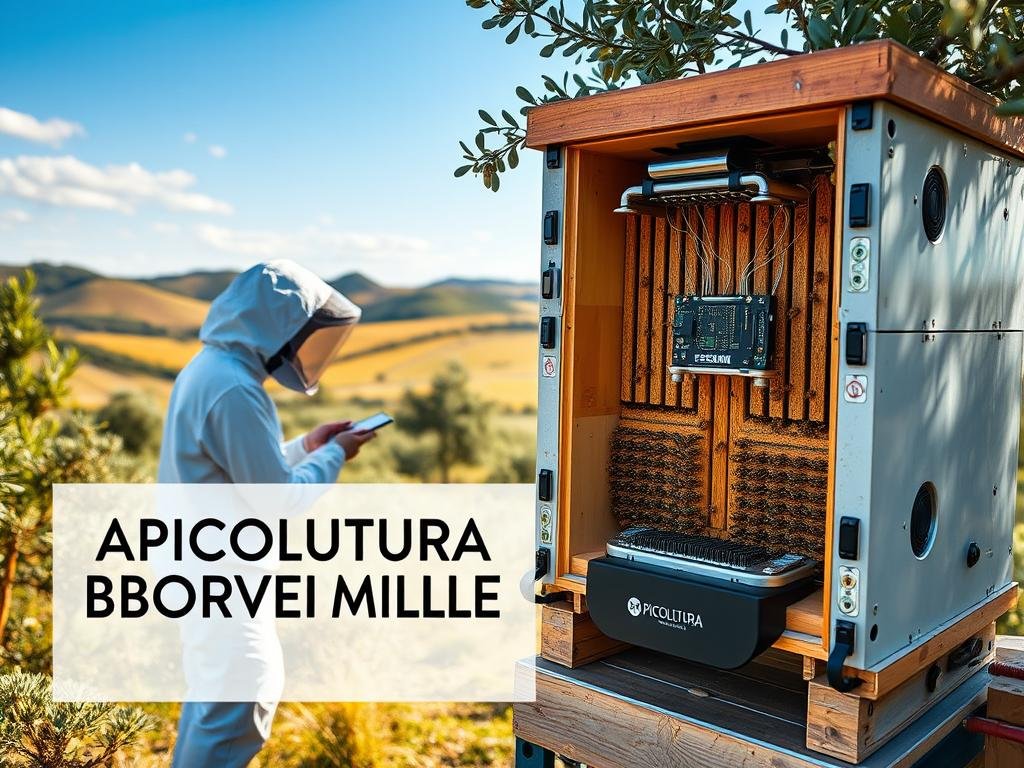 A technologically advanced beehive, surrounded by a lush Italian countryside. In the foreground, the "APICOLTURA BORVEI MIELE" brand prominently displayed, showcasing the high-tech apiculture system. The hive's interior is visible, revealing a complex network of sensors and processors, monitoring the bees' activity and environmental conditions. In the middle ground, a beekeeper in a protective suit interacts with the hive, using a tablet to analyze the data. In the background, rolling hills, olive trees, and a vibrant blue sky, capturing the essence of the Italian landscape. Warm, natural lighting illuminates the scene, creating a sense of harmony between technology and nature.