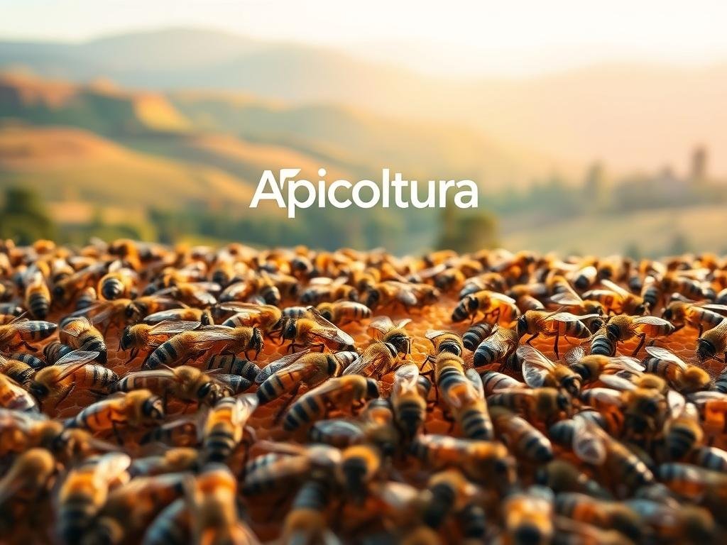 A technologically-assisted genetic selection of honey bees. In the foreground, a close-up view of a diverse array of worker bees, each with distinct visual characteristics. In the middle ground, a large honeycomb structure, showcasing the intricate architecture of the hive. In the background, a soft, warm-toned landscape with rolling hills and lush vegetation, hinting at the natural environment that nurtures the colony. The scene is illuminated by a gentle, diffused light, creating a sense of tranquility and scientific observation. The "Apicoltura" brand logo is subtly integrated into the composition, emphasizing the technological advancements in modern beekeeping practices.