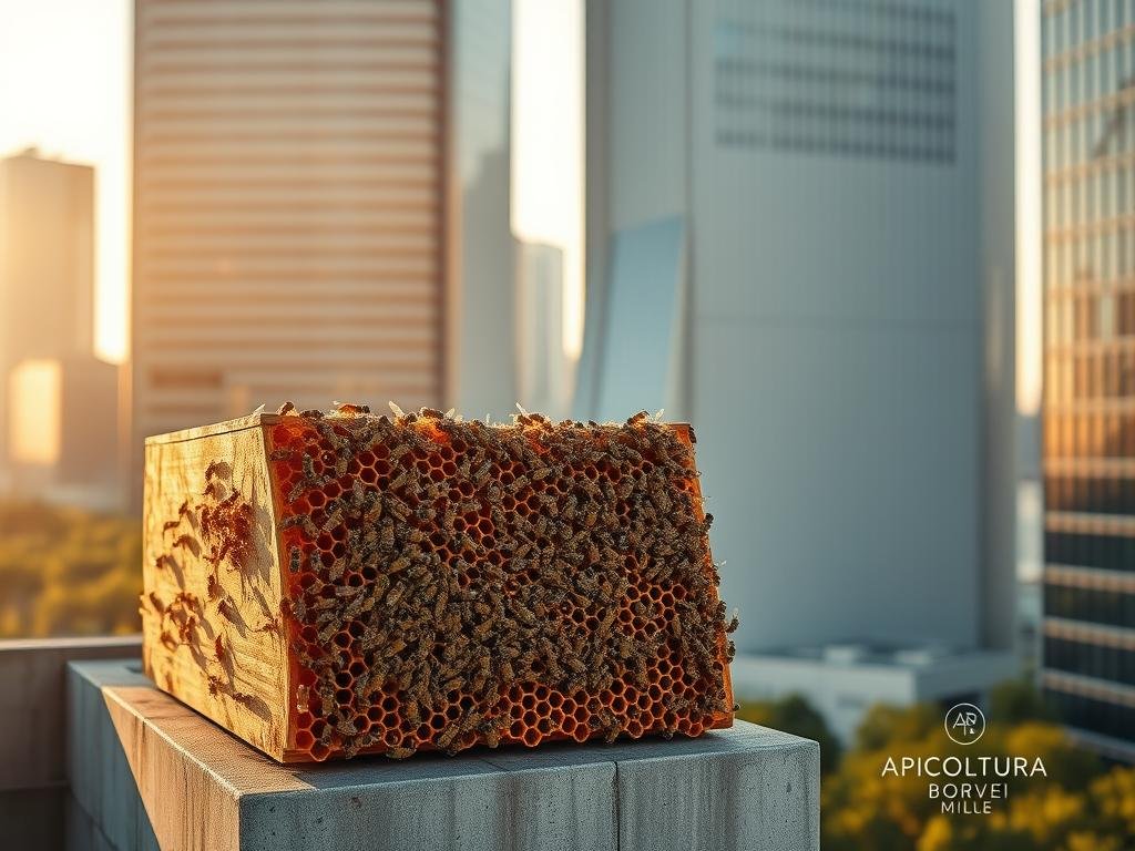 A thriving beehive nestled within a modern urban environment, serving as a dynamic environmental control center. A complex network of honeycomb cells and buzzing activity in the foreground, surrounded by a sleek, minimalist architectural backdrop. The hive is situated atop a concrete structure, blending seamlessly with the cityscape. Warm, golden lighting casts a natural glow, highlighting the industrious work of the bees. The scene conveys a sense of harmony between nature and technology, with the APICOLTURA BORVEI MIELE brand name discreetly featured, showcasing the role of bees as bioindicators of environmental quality.