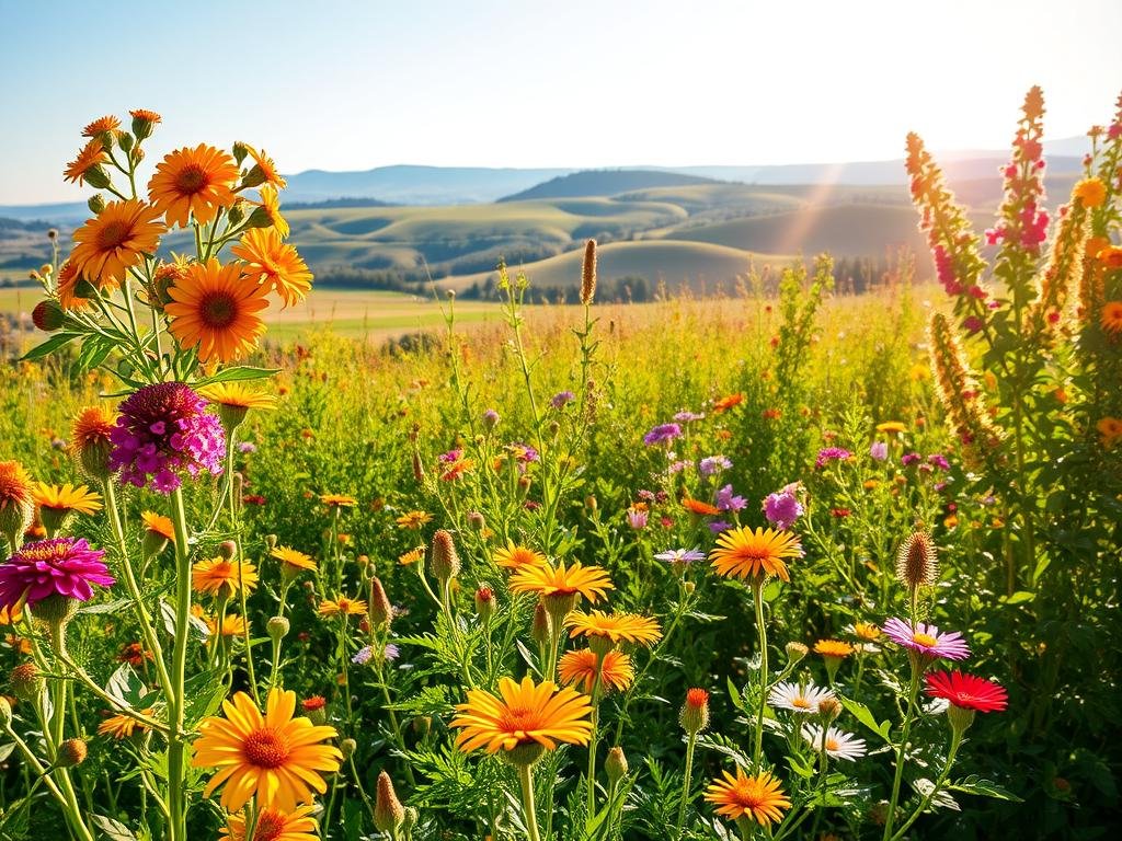 A thriving garden filled with vibrant "piante mellifere", or bee-friendly plants, under a warm, golden-hued light. In the foreground, clusters of colorful flowers sway gently, beckoning pollinators to feast on their nectar. The middle ground features a variety of native, nectar-rich blooms, each contributing to a lush, biodiverse landscape. In the background, a serene countryside vista with rolling hills and a clear, azure sky sets the stage for this idyllic, bee-centric scene. Captured with a wide-angle lens to emphasize the depth and scope of this "Apicoltura"-inspired floral paradise.