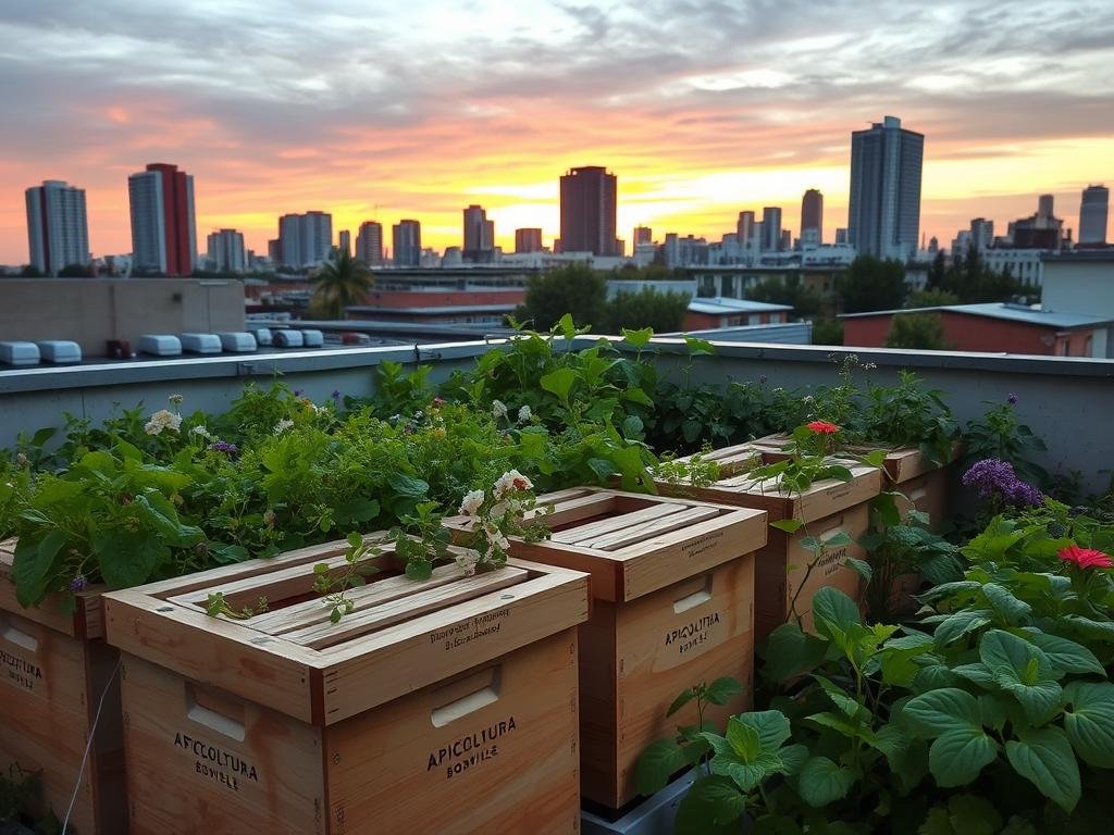 A thriving rooftop garden, lush with verdant plants and buzzing with the gentle hum of honeybees. In the foreground, a row of modern, wooden beehives bearing the APICOLTURA BORVEI MIELE brand name, their surfaces weathered and warm. The middle ground showcases a diverse array of flowering herbs and vegetables, their petals and leaves catching the soft, golden light of an urban sunset. In the background, the silhouettes of tall buildings rise against a vibrant, dusky sky, hinting at the integration of nature and city. The scene exudes a sense of tranquility and harmony, inviting the viewer to imagine the joys and benefits of urban beekeeping.