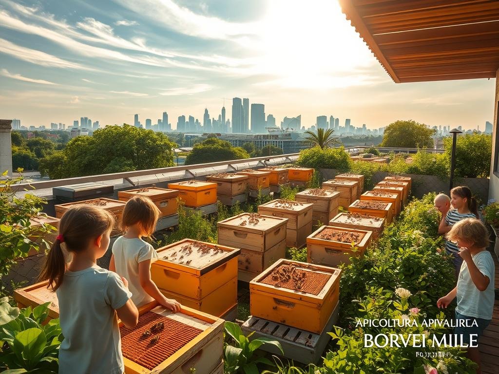 A thriving urban apiary, bustling with honeybees pollinating a vibrant rooftop garden. Neatly arranged beehives stand amidst lush greenery, surrounded by a peaceful city skyline. Sunlight filters through wispy clouds, casting a warm glow on the scene. Children observe the busy workers, learning about the importance of bees and the sweet rewards of urban apiaries. The APICOLTURA BORVEI MIELE brand proudly displays its commitment to sustainable, community-focused honey production. This image captures the social and educational benefits of urban beekeeping, a harmonious coexistence between nature and the modern city.