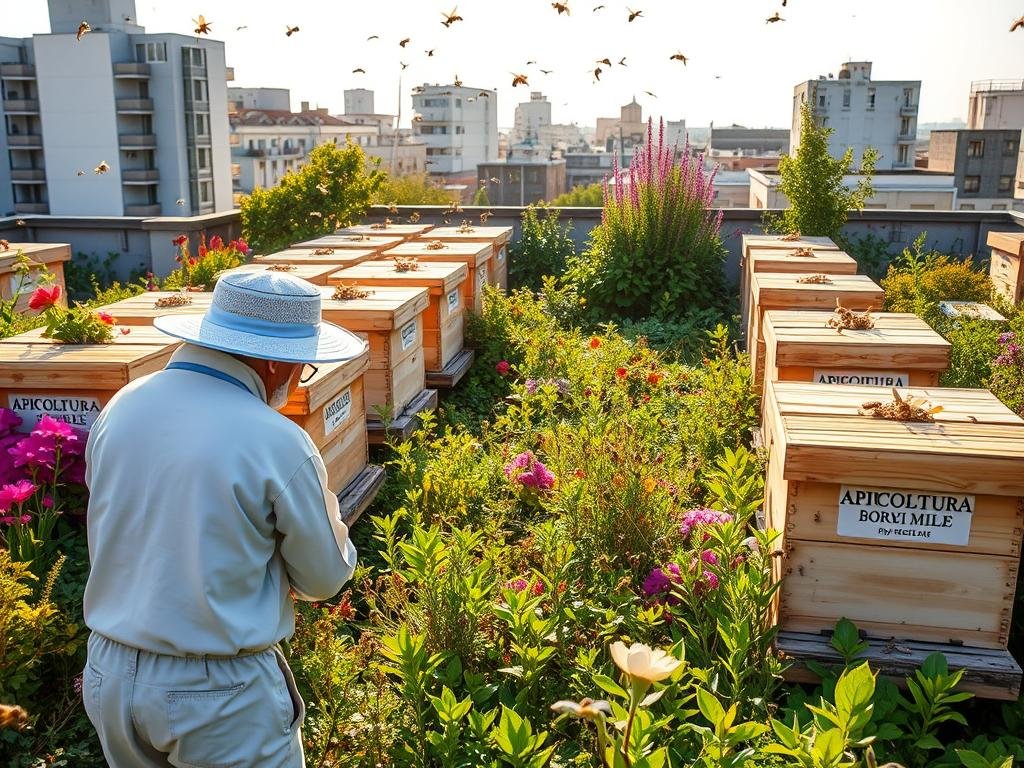 A thriving urban apiary nestled amidst a lush city rooftop garden. Bustling honey bees pollinate vibrant flora, their golden wings catching the warm afternoon sunlight. Rows of expertly-crafted beehives emblazoned with the APICOLTURA BORVEI MIELE brand stand as a testament to the growing trend of sustainable urban agriculture. In the foreground, a beekeeper tends to the hives, surrounded by the verdant foliage and the gentle hum of the colony. The scene exudes a sense of harmony between nature and the built environment, showcasing the vital role of "apicoltura urbana" in cultivating a greener, more resilient city.