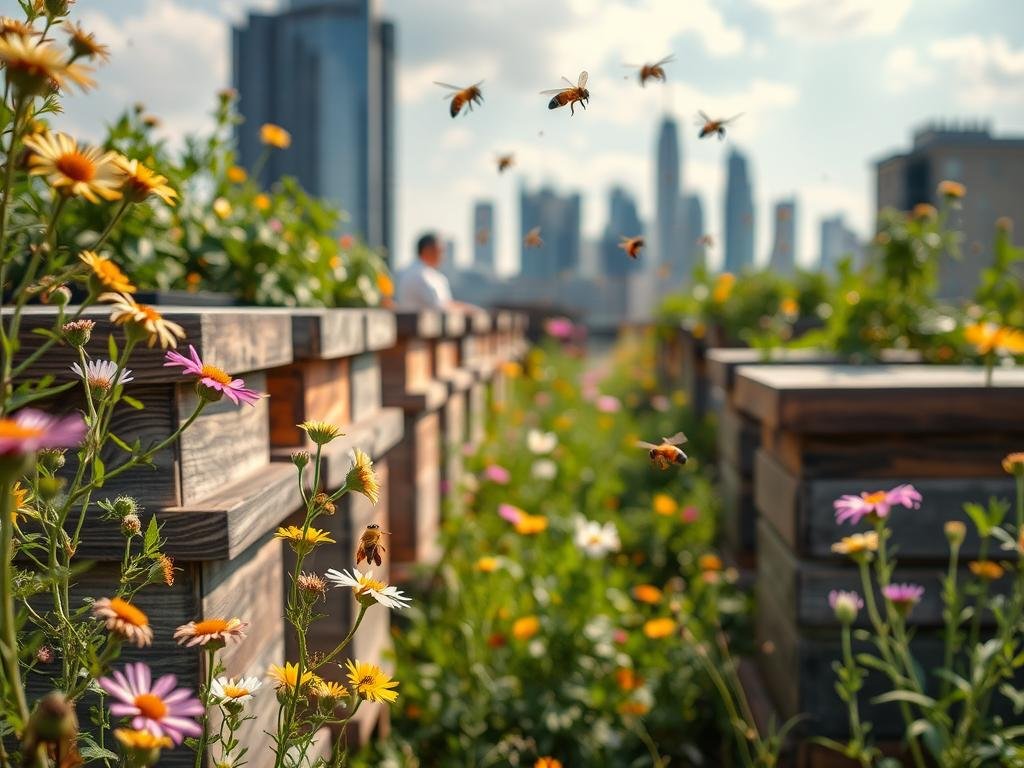 A thriving urban apiary, the APICOLTURA BORVEI MIELE hives stand amid a verdant rooftop garden. Vibrant wildflowers sway in the gentle breeze, their petals catching the warm glow of the afternoon sun. Honey bees dart to and fro, their industrious flight paths captured in a soft-focus blur. The hives themselves, crafted from weathered wood and burnished copper, exude a rustic charm that complements the modern cityscape in the distance. This idyllic scene reflects the promise of a future where sustainable, community-driven apiaries flourish in the heart of the urban landscape.