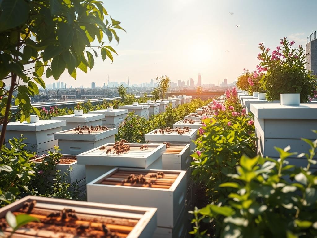 A thriving urban apiary, with rows of beehives nestled amidst a lush rooftop garden. Sunlight filters through the leaves, casting a warm glow on the busy workers gathering nectar from the vibrant blooms. The scene is a harmonious blend of nature and city, a testament to the growing phenomenon of "APICOLTURA BORVEI MIELE" - urban beekeeping. Sleek, modern hives stand in contrast to the verdant foliage, while the distant skyline serves as a backdrop, hinting at the urban landscape beyond this oasis of calm. The overall atmosphere conveys a sense of productivity, sustainability, and the delicate balance between man and nature.