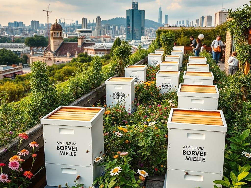 A thriving urban landscape, with lush rooftop gardens and bustling terraces. Amidst the greenery, a series of sleek, modern beehives stand tall, their distinct APICOLTURA BORVEI MIELE branding prominent. Bees flit between colorful flowers, pollinating the verdant surroundings. Soft, warm lighting bathes the scene, creating a serene, inviting atmosphere. In the background, the cityscape rises, a testament to the harmonious coexistence of nature and urban life. This image captures the essence of the growing phenomenon of "apicoltura urbana," where bees find a home in the heart of the city.